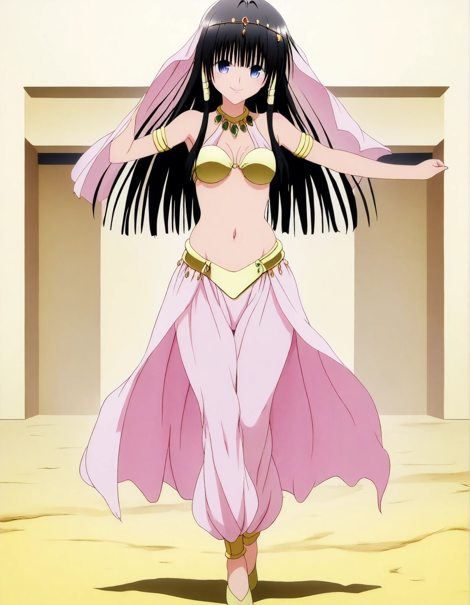 (1girl:1 . 5) , (Seul:1 . 5) , score_9 , score_8_haut , score_7_haut , source_anime , Official work  , ultra-detailed , masterpiece , best quality , high resolution , beaux yeux , detailed eyes , Detailed face , beautiful detailed eyes,long hair, blue eyes, black hair, sidelocks, hime cut, To Love Ru,Shizu Murasame ,Arabian Clothes , Arabian Dancer ,belly dancer costume,belly dancer outfit ,full body,golden jewelery,armlet, belly dancing,arabian garden,seductive smile, dancing with veil, dynamic movement,dance posture, seductive pose