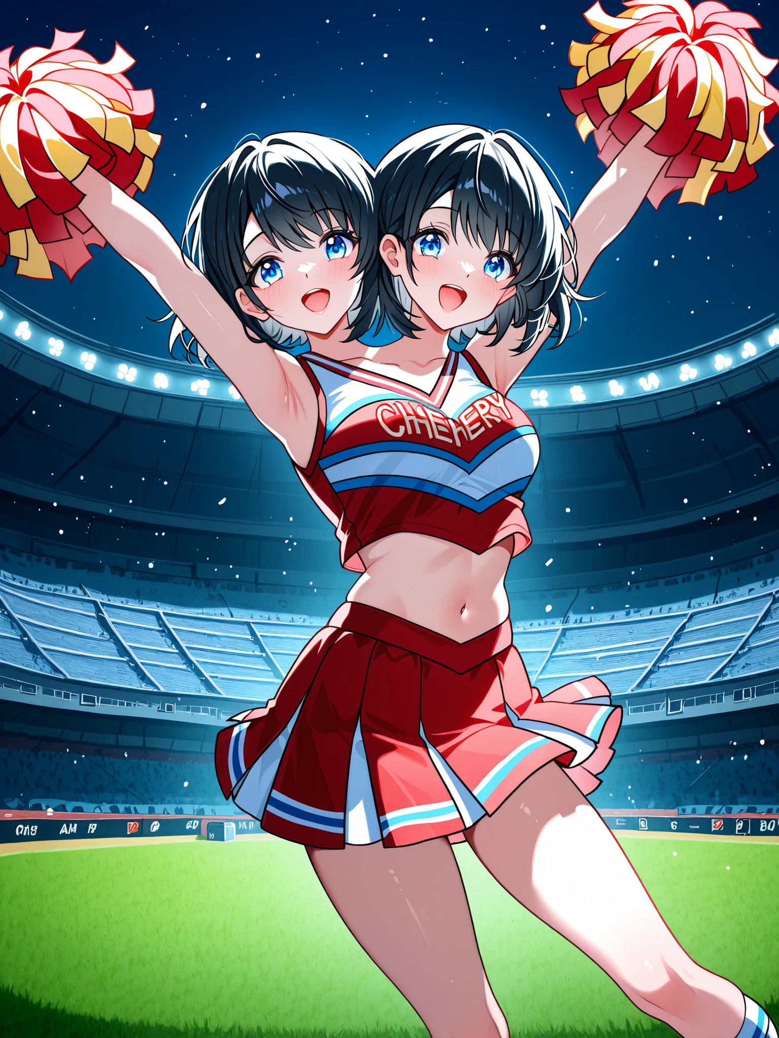 conjoined, anime girl with two heads, cheerleader, black hair, blue eyes, open mouth, energetic, cheery, red and white cheerleader outfit, cheering pose, football stadium, night