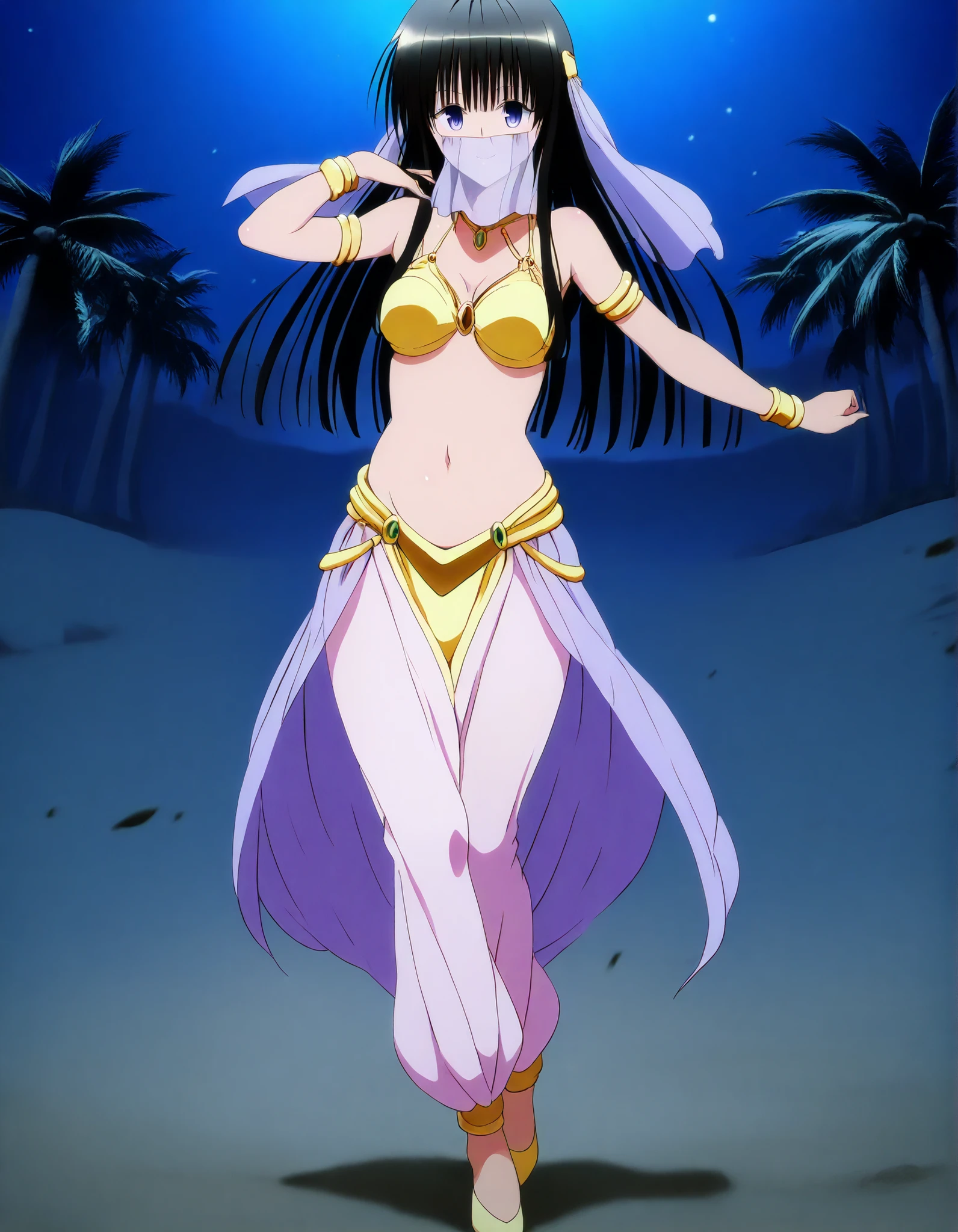 (1girl:1 . 5) , (Seul:1 . 5) , score_9 , score_8_haut , score_7_haut , source_anime , Official work  , ultra-detailed , masterpiece , best quality , high resolution , beaux yeux , detailed eyes , Detailed face , beautiful detailed eyes,long hair, blue eyes, black hair, sidelocks, hime cut, To Love Ru,Shizu Murasame ,Arabian Clothes , Arabian Dancer ,belly dancer costume,belly dancer outfit ,full body,golden jewelery,mouth veil,armlet, belly dancing,night,desert lands,palm tree,seductive smile, dancing with veil, dynamic movement,dance posture, seductive pose