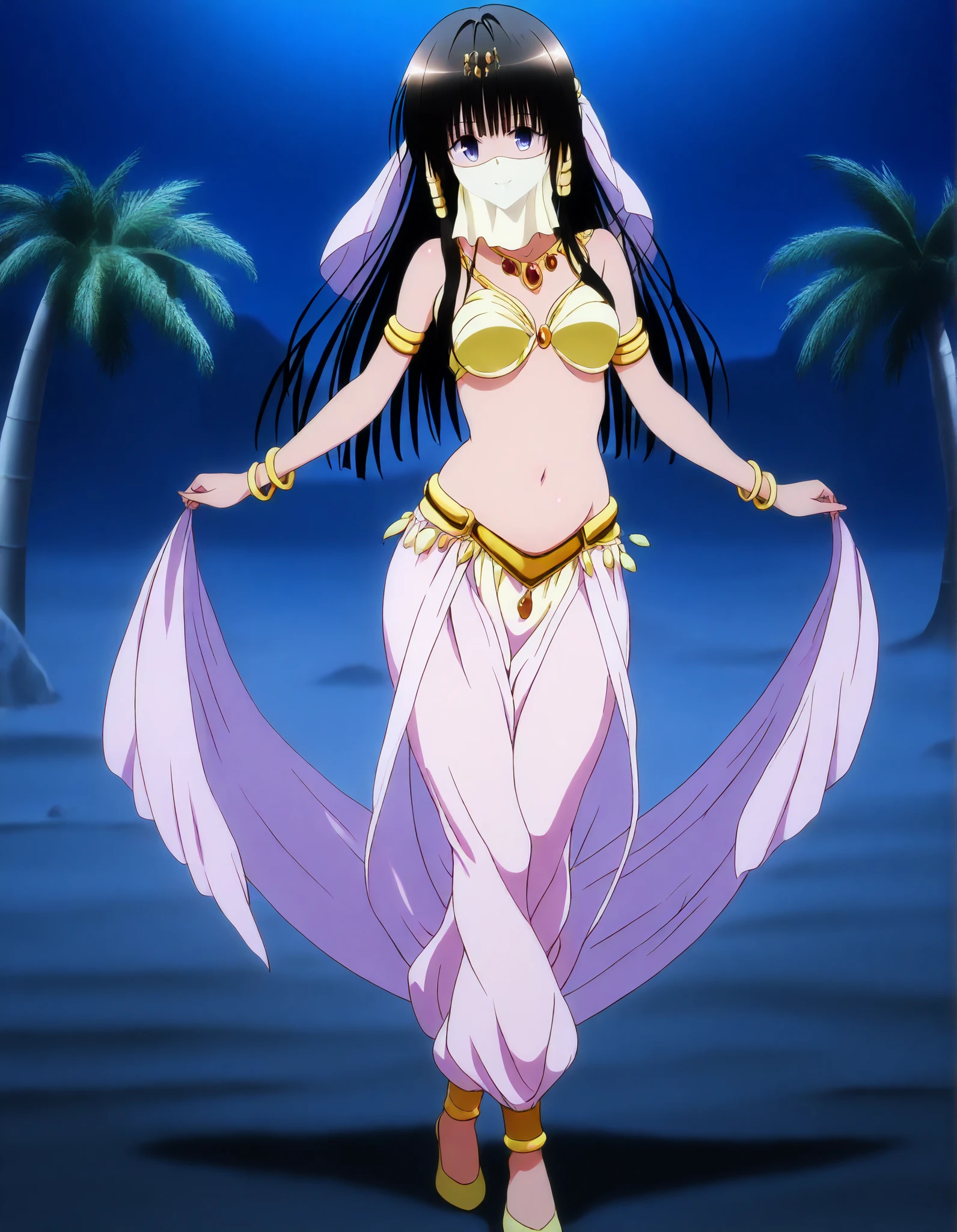 (1girl:1 . 5) , (Seul:1 . 5) , score_9 , score_8_haut , score_7_haut , source_anime , Official work  , ultra-detailed , masterpiece , best quality , high resolution , beaux yeux , detailed eyes , Detailed face , beautiful detailed eyes,long hair, blue eyes, black hair, sidelocks, hime cut, To Love Ru,Shizu Murasame ,Arabian Clothes , Arabian Dancer ,belly dancer costume,belly dancer outfit ,full body,golden jewelery,mouth veil,armlet, belly dancing,night,desert lands,palm tree,seductive smile, dancing with veil, dynamic movement,dance posture, seductive pose