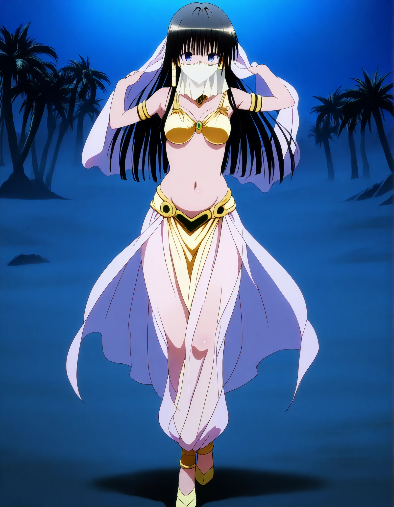 (1girl:1 . 5) , (Seul:1 . 5) , score_9 , score_8_haut , score_7_haut , source_anime , Official work  , ultra-detailed , masterpiece , best quality , high resolution , beaux yeux , detailed eyes , Detailed face , beautiful detailed eyes,long hair, blue eyes, black hair, sidelocks, hime cut, To Love Ru,Shizu Murasame ,Arabian Clothes , Arabian Dancer ,belly dancer costume,belly dancer outfit ,full body,golden jewelery,mouth veil,armlet, belly dancing,night,desert lands,palm tree,seductive smile, dancing with veil, dynamic movement,dance posture, seductive pose