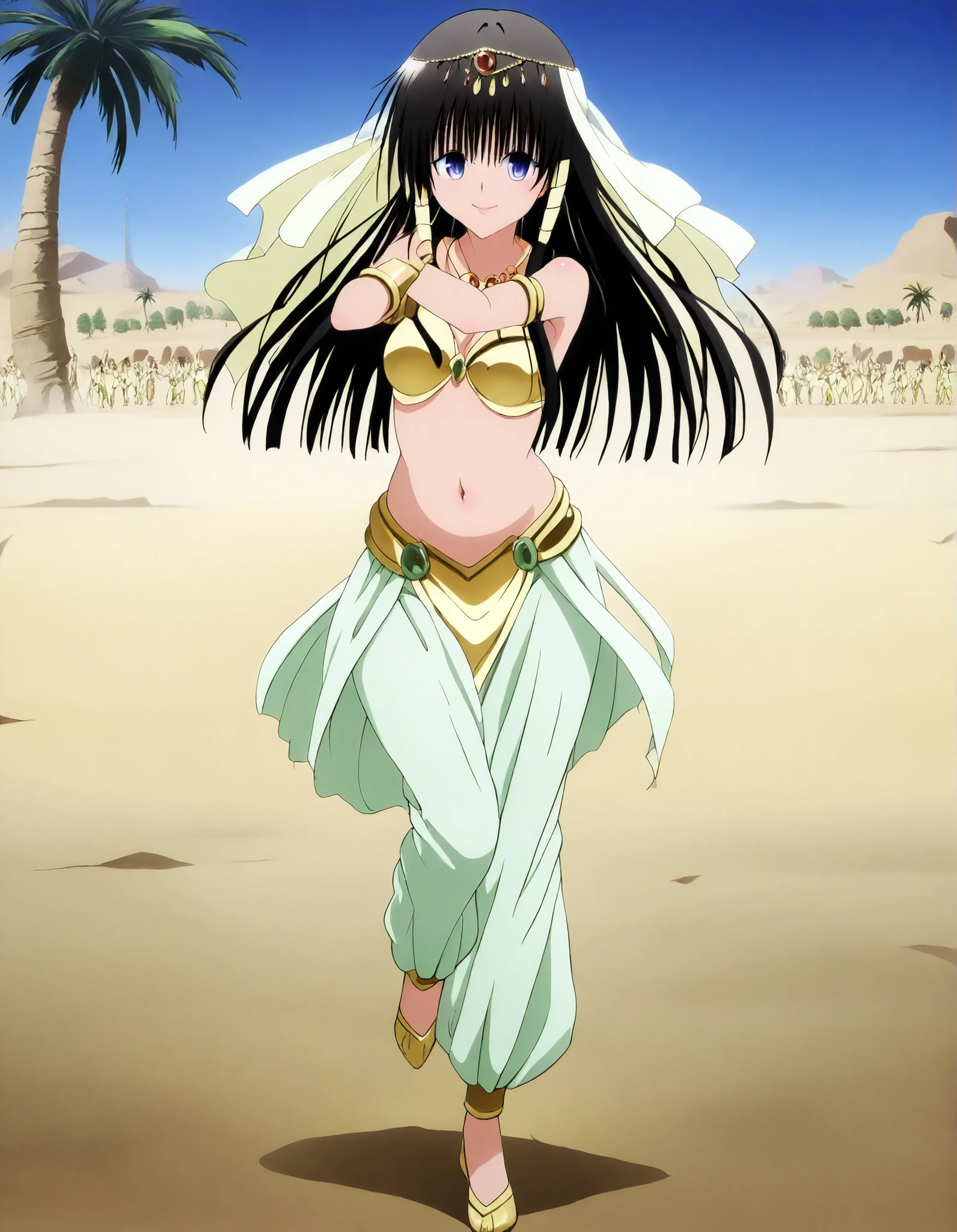 (1girl:1 . 5) , (Seul:1 . 5) , score_9 , score_8_haut , score_7_haut , source_anime , Official work  , ultra-detailed , masterpiece , best quality , high resolution , beaux yeux , detailed eyes , Detailed face , beautiful detailed eyes,long hair, blue eyes, black hair, sidelocks, hime cut, To Love Ru,Shizu Murasame ,Arabian Clothes , Arabian Dancer ,belly dancer costume,belly dancer outfit ,full body,golden jewelery,armlet, belly dancing,desert lands,palm tree,seductive smile, dancing with veil, dynamic movement,dance posture, seductive pose