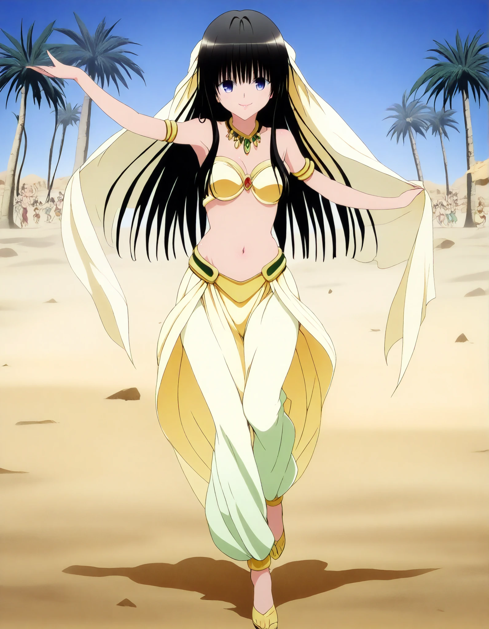 (1girl:1 . 5) , (Seul:1 . 5) , score_9 , score_8_haut , score_7_haut , source_anime , Official work  , ultra-detailed , masterpiece , best quality , high resolution , beaux yeux , detailed eyes , Detailed face , beautiful detailed eyes,long hair, blue eyes, black hair, sidelocks, hime cut, To Love Ru,Shizu Murasame ,Arabian Clothes , Arabian Dancer ,belly dancer costume,belly dancer outfit ,full body,golden jewelery,armlet, belly dancing,desert lands,palm tree,seductive smile, dancing with veil, dynamic movement,dance posture, seductive pose