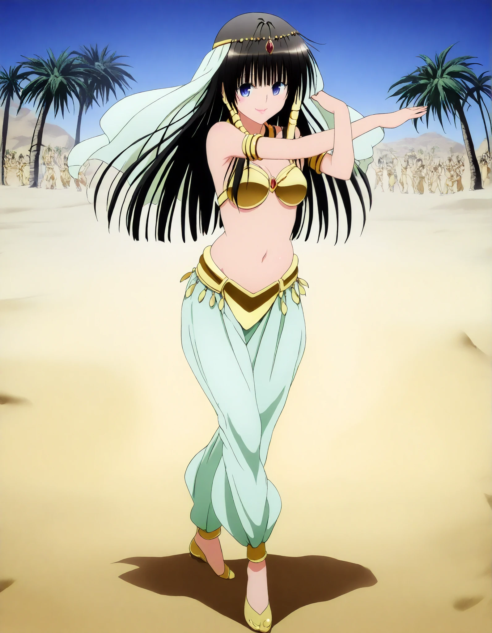 (1girl:1 . 5) , (Seul:1 . 5) , score_9 , score_8_haut , score_7_haut , source_anime , Official work  , ultra-detailed , masterpiece , best quality , high resolution , beaux yeux , detailed eyes , Detailed face , beautiful detailed eyes,long hair, blue eyes, black hair, sidelocks, hime cut, To Love Ru,Shizu Murasame ,Arabian Clothes , Arabian Dancer ,belly dancer costume,belly dancer outfit ,full body,golden jewelery,armlet, belly dancing,desert lands,palm tree,seductive smile, dancing with veil, dynamic movement,dance posture, seductive pose
