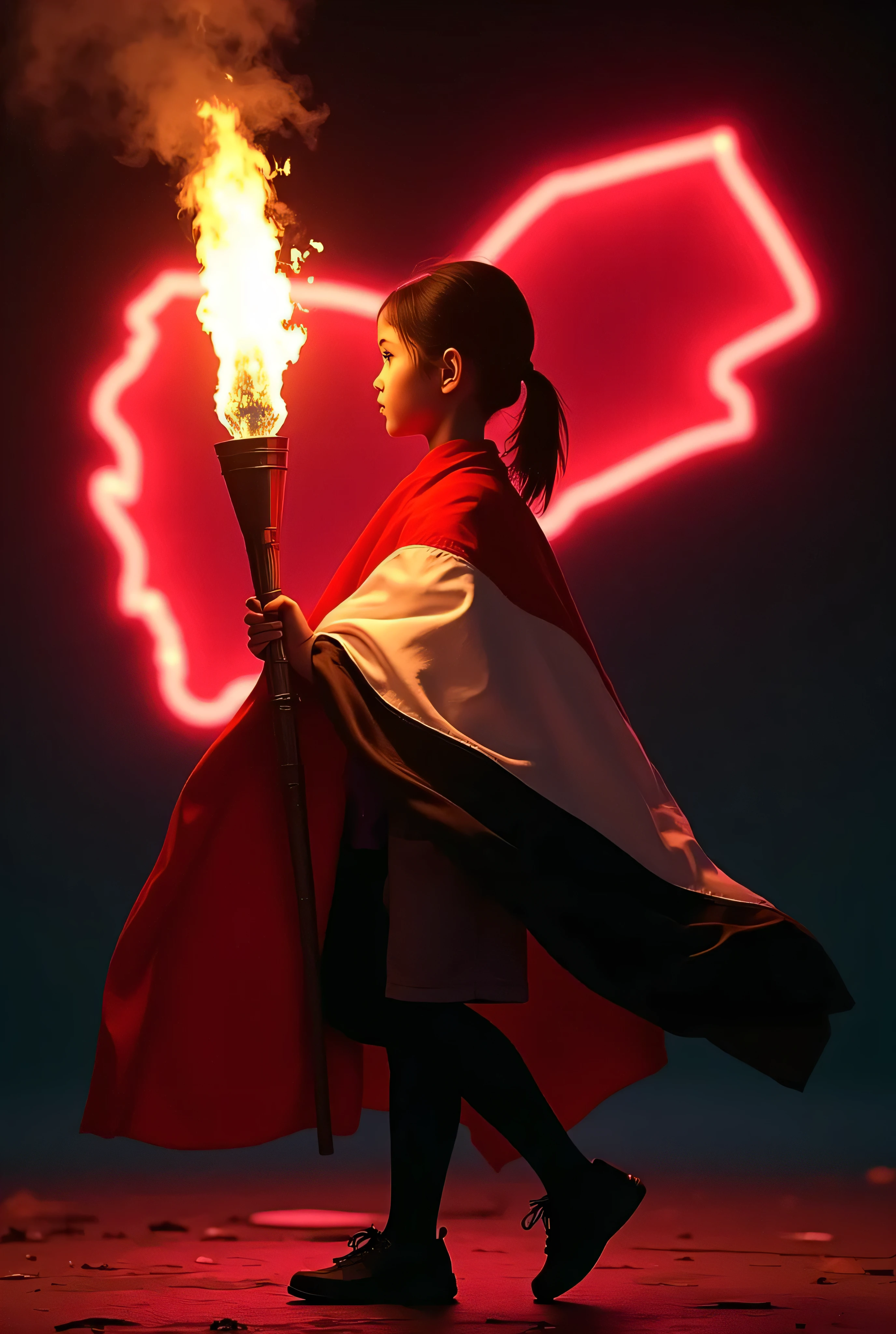 Professional poster design, size A4 (1080x1350), celebrating Yemen's 26th of September.
A small school girl 5 years child wrapped in the Yemeni flag red, white, black , holding a glowing torch, standing in front of a neon-outlined map of Yemen.
Dark dramatic background, cinematic glow, realistic lighting, patriotic and inspiring theme.
High quality, ultra realistic, detailed, poster style, clean composition.
Face to me