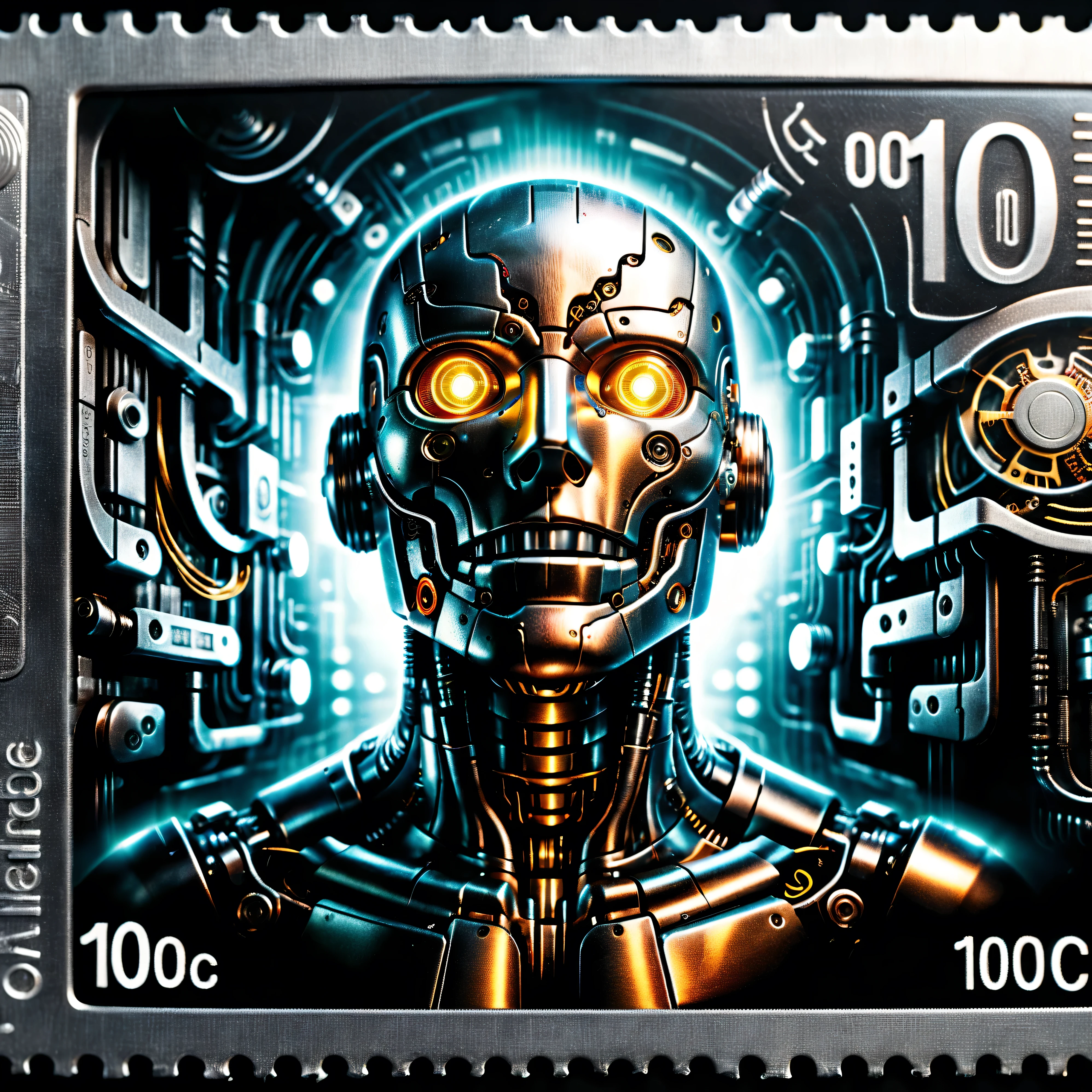 Dark postage stamp style.      A Metallic being reaching out, transforming into a complex intricate robotic entity, ultra-realistic, photorealistic, cinematic photography, detailed facial features, icon style, iconic character, dynamic pose, metallic body, glowing eyes, futuristic machinery, dramatic presence, industrial background, advanced technology, intricate mechanical components, complex internal circuitry, 4K,8K, HDR, ultra-detailed, physically-based rendering, professional, vibrant colors, dramatic lighting, 3D Rendering, realistic vision, hyperrealism, surrealism, asthetically incredible, fluorescent colored lights, sinister undertones, highres, spooky, technologically advanced and complex, a masterpiece 