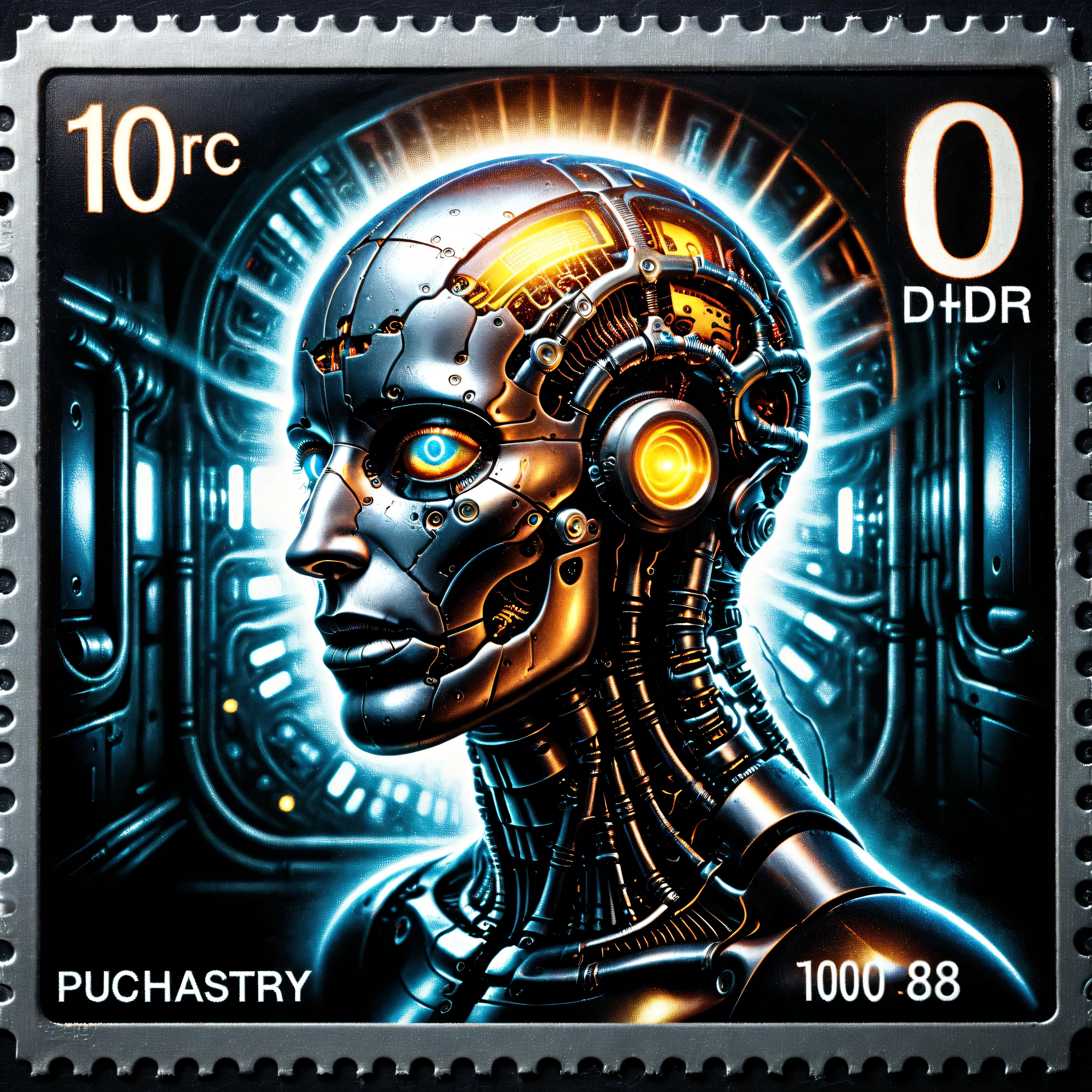 Dark Fantasy postage stamp style.      A Metallic being reaching out, transforming into a complex intricate robotic entity, ultra-realistic, photorealistic, cinematic photography, detailed facial features, icon style, iconic character, dynamic pose, metallic body, glowing eyes, futuristic machinery, dramatic presence, industrial background, advanced technology, intricate mechanical components, complex internal circuitry, 4K,8K, HDR, ultra-detailed, physically-based rendering, professional, vibrant colors, dramatic lighting, 3D Rendering, realistic vision, surrealism, asthetically incredible, fluorescent colored lights, sinister undertones, highres, spooky, technologically advanced and complex, a masterpiece 