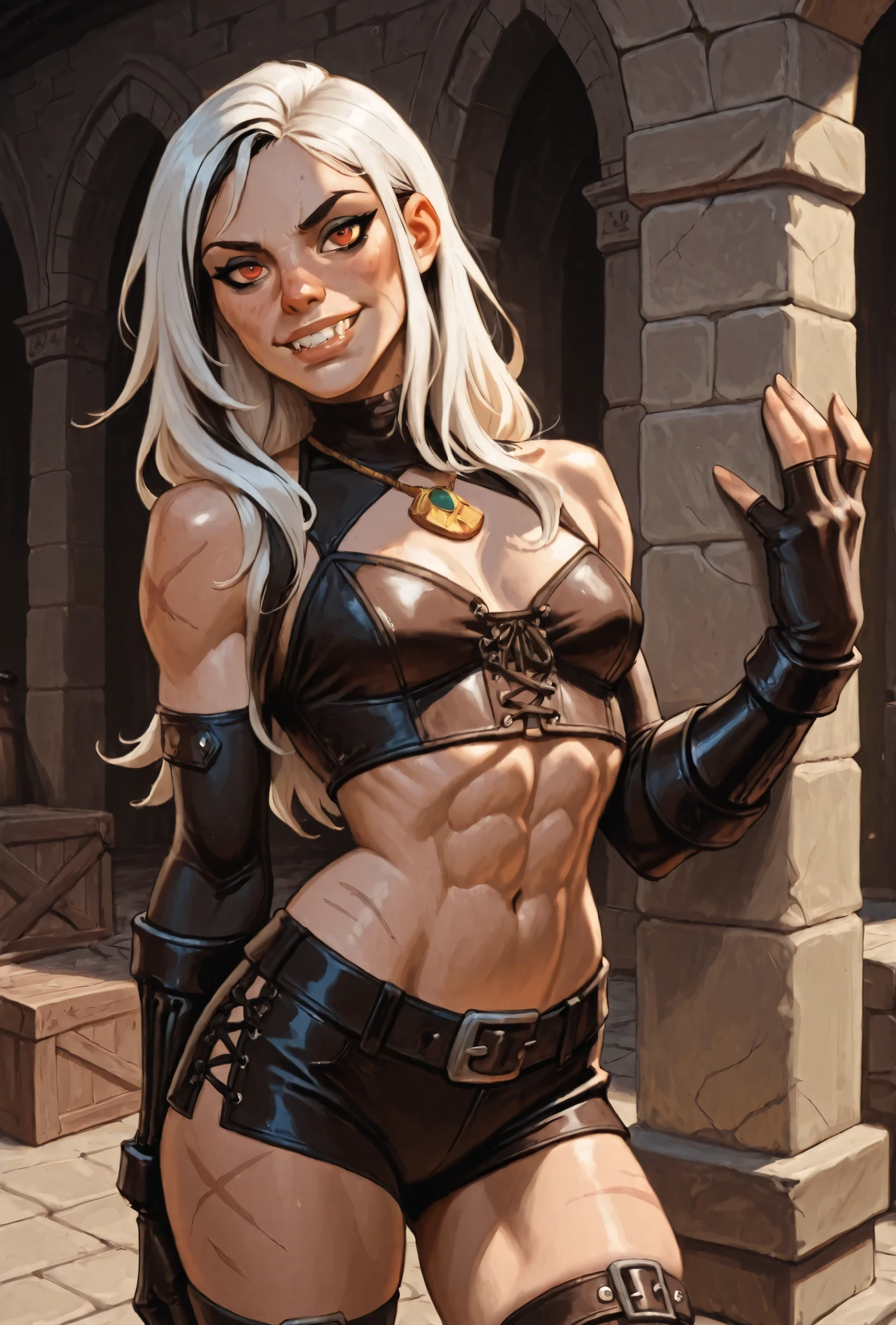 Drawn like the artist Bob Kehl. She looks like Cammy White and has a horizontal scar across her nose. Inca girl with white and dark hair, deep red-coloured eyes, slanted Asian eyes, small sharp canine teeth, black eyeliner, athletic body and soft abs. Slender and athletic. Cute, round and young face. White highlights in her hair. She wears black, rough leather outfit with snakeskin-pattern and black gloves. She also wears an amber necklace. She has small breasts. She has a small smile on her face, lips pressed together. Atmospheric lighting. Box-art. DnD-art-style, oil painting. Looking at the viewer. Background: Spanish medieval town, hdr colours