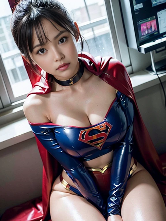 masterpiece、Enamel Supergirl Costume、Short Hair、Hospital operating table、Crisis situation、Big and ample breasts、looking at the camera、Shiny、Off the shoulder、choker、Long sleeve、Red exy poses to seduce、Sweaty、Model Body Type、Alluring、charm、Enchanting、abused、test subject、victim、Wild、Photorealistic、latex、