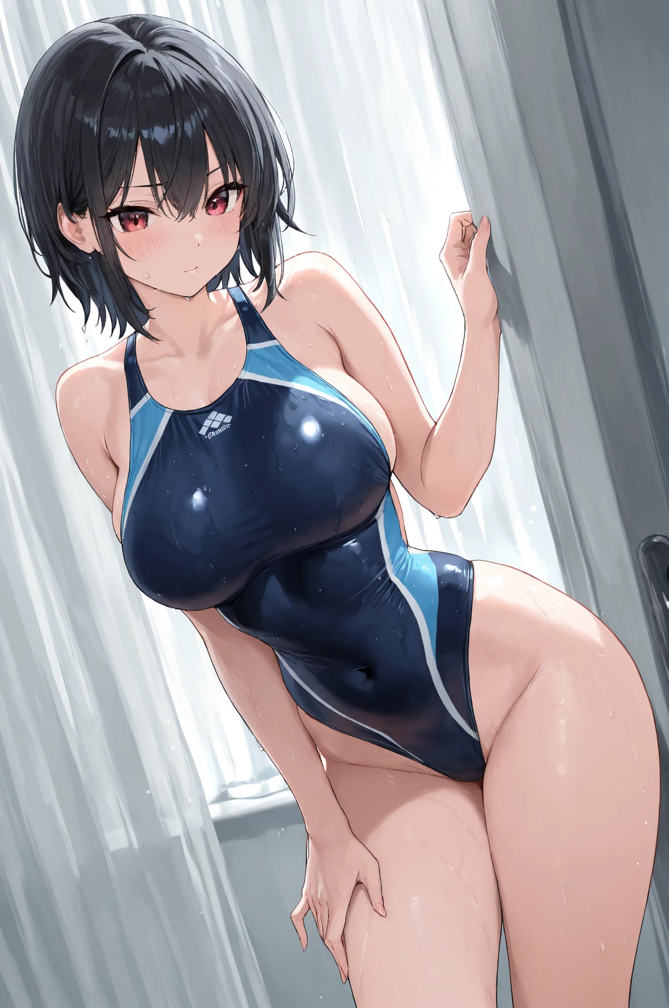 Jill, Jill・バレンタイン, 1 girl,blue eyes,short hair, brown hair, ???????????, looking at the viewer, brown hair, Fight,blue leotard,high leg cut,put your hands on your ????,embarrassing,crying face,tears,blush,wide open mouth,saliva,