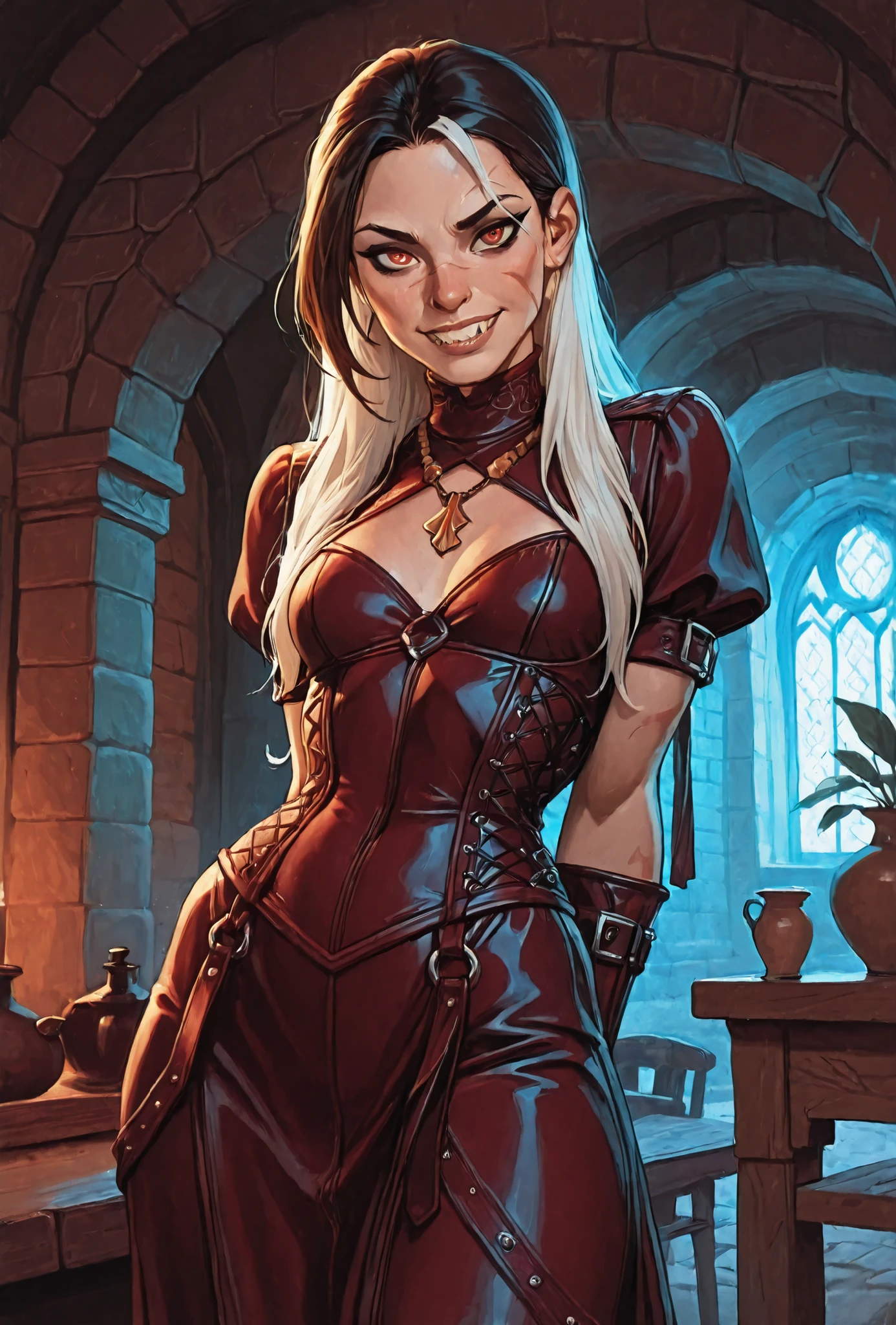 Drawn like the artist Bob Kehl. She looks like Cammy White and has a horizontal scar across her nose. Inca girl with white and dark hair, deep red-coloured eyes, slanted Asian eyes, small sharp canine teeth, black eyeliner, athletic body and soft abs. Slender and athletic. Cute, round and young face. White highlights in her hair. She wears red, fine (intricate) latex dress with snakeskin-pattern and intricate gloves. She also wears an amber necklace. She has small breasts. She has a small smile on her face, lips pressed together. Atmospheric lighting. Box-art. DnD-art-style, oil painting. Looking at the viewer. Background: Spanish medieval town, hdr colours