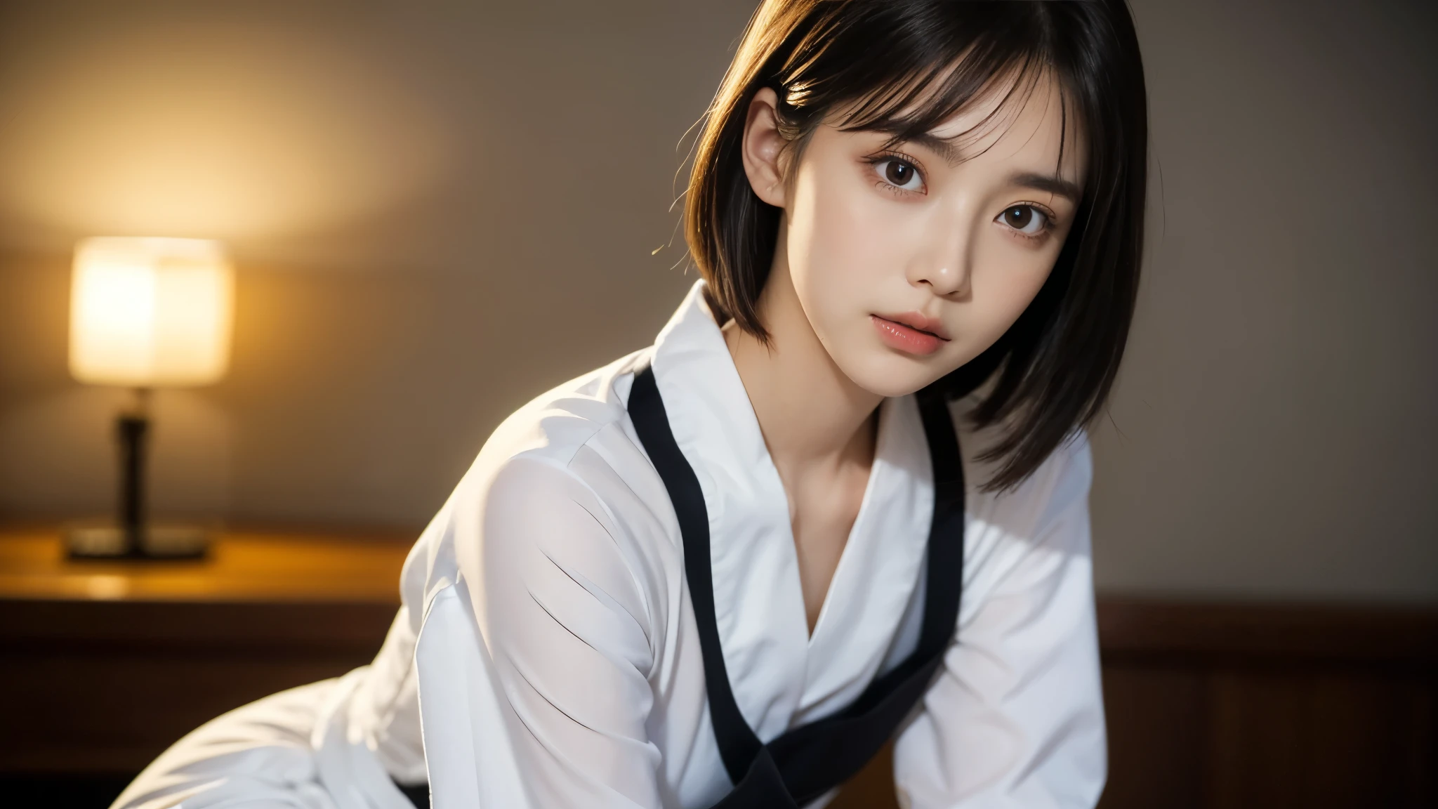 (8k, best quality, masterpiece:1.2), (realistic, photo-realistic:1.37), ultra-detailed, 1 girl, cute, solo, beautiful detailed sky, detailed cafe, night, sitting, dating, (nose blush), (smile:1.15), (closed mouth) small , beautiful detailed eyes, (collared shirt:1.1), night, wet, business attire, rain, white lace, (short hair:1.2), floating hair NovaFrogStyle, ,