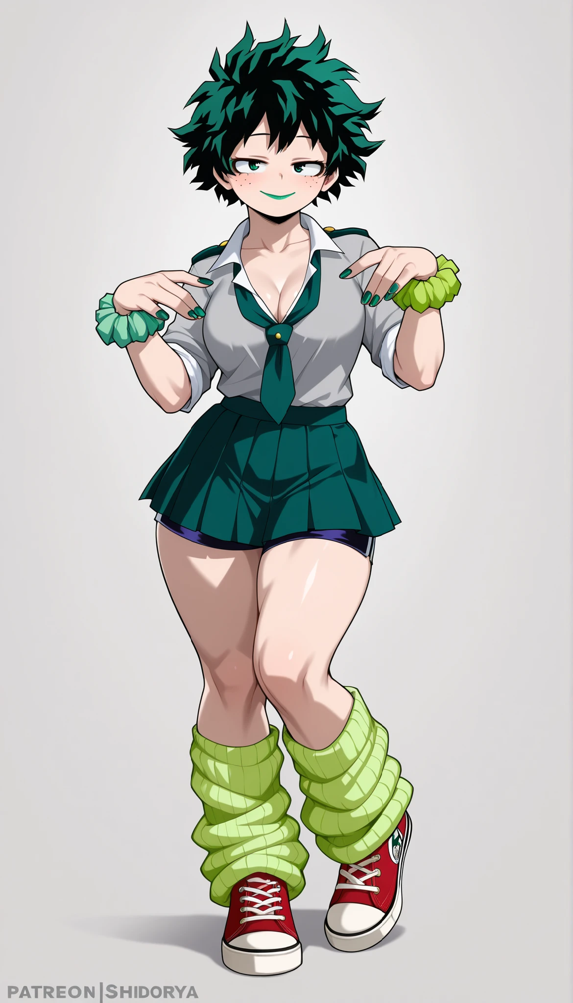 ((Highest Quality)), ((Simple Light Grey background)), (My Hero Academia Style), 1female, female, medium Breast, thighs, hips, thick shins, solo, Athletic body, tall, standing, (Full Body), Midoriya Izuku, gender bender, half-closed eyes, green eyes, very short hair, pale skin, dark green nail polish, Gyaru, school uniform, school uniform outfit, loose green tie, pale green loose leg warmers, Red Converse, Converse, neon green lipstick, neon green hair, green scrunchie wrist, cleavage, shorts under skirt, neon green eyeshadow, seductive smile, mischievous look, sexy pose, sexy Gyaru,