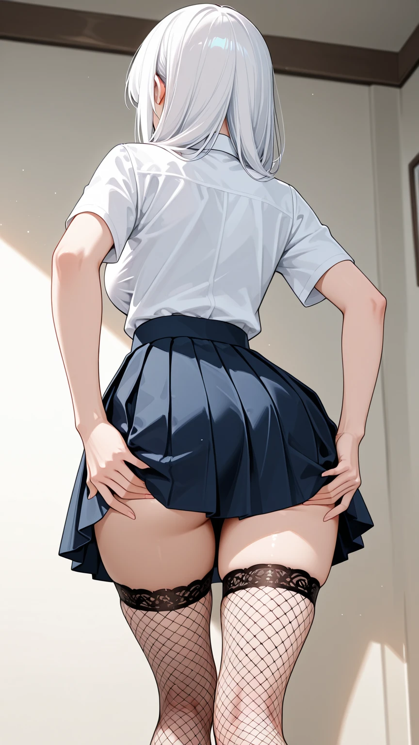 master-piece, hyper quality, hyper detailed, perfect drawing,Solo, high school girl, school uniform, miniskirt: (0.7), backwards,  sticking out, big round , standing figure, ((panties fully visible)), tanned skin: (1.2), cute smile, cheeky smile, tan marks: (1.5), ( Buggy socks))), portrait, bust-up, shooting from the back diagonally below, dressing room, pulling down panties, hands on panties, beautiful background, meticulous drawing, accurate drawing.