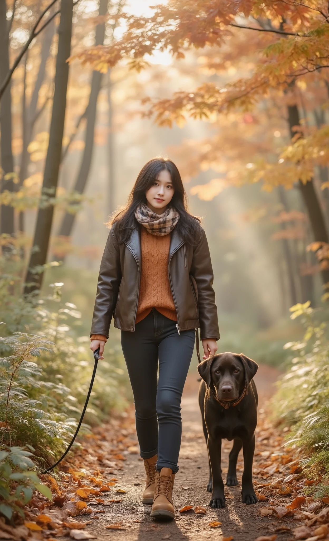 Original photo, ultra high resolution, 8k resolution, natural beauty using mascara and tinted lip balm, Perfect reproduction of stitches with one needle at a time、Perfect appearance , perfect skin with natural spotty pattern, perfect athletic ability, showing the transition from green to yellow、Brown leather boots with a worn atmosphere, metal patina is beautiful、dark brown leather jacket, x} The road ahead creates a perfect conductor、realistic denim texture, Afternoon light shining through the canopy, that makes you feel a perfect sense of unity with the environment、perfect texture and fringes, natural wavy hairstyle、multiple hair tones that shine in response to light, natural beauty using mascara and tinted lip balm taken with a professional medium format camera, dark blue jeans with a perfect fit、natural smile, indivual々walking along the autumn forest path {x} what is the subtle difference in hair texture and color between {x} perfect chocolate colored labrador, The slight fog rising from the forest floor creates an atmosphere, A plaid scarf with an autumn hue、perfect fall forest in every detail, orange and deep red, forest floor covered with fallen leaves、perfect texture and depth, Hazel eyes with golden spots catching light、create perfect spotted light, The contrast between warm autumn leaves and cool shadows stands out, early 20s with perfect athletic ability, where discipline and bonds with the owner can be seen walking quietly、perfect work in every detail, oversized orange Colored cable knit、Perfect color tone