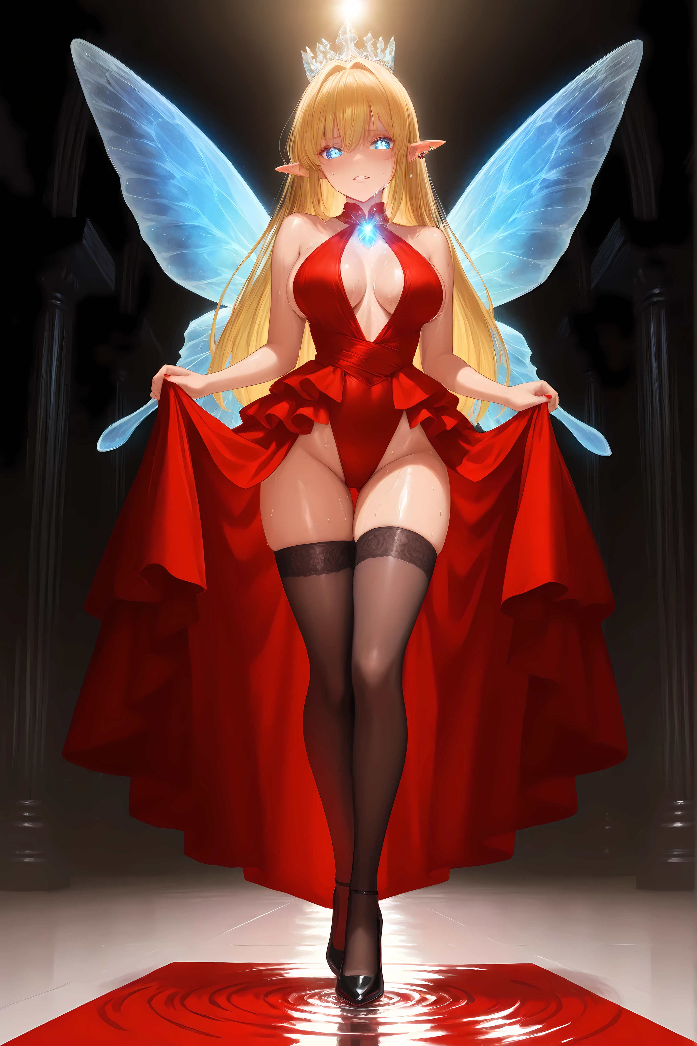 masterpiece, best quality, 1 palm-sized fairy, 16yo appearance, curvaceous build, porcelain skin with subtle glow, visible sweat bead on body, piercing glowing blue eyes with snake-like pupils, straight long golden hair, apathetic expression, short crimson red ballgown with layered ruffles, black stockings, sharp black court heels mid-click causing visible space-time ripples, translucent crystalline wings, vaulted cosmic hallway background