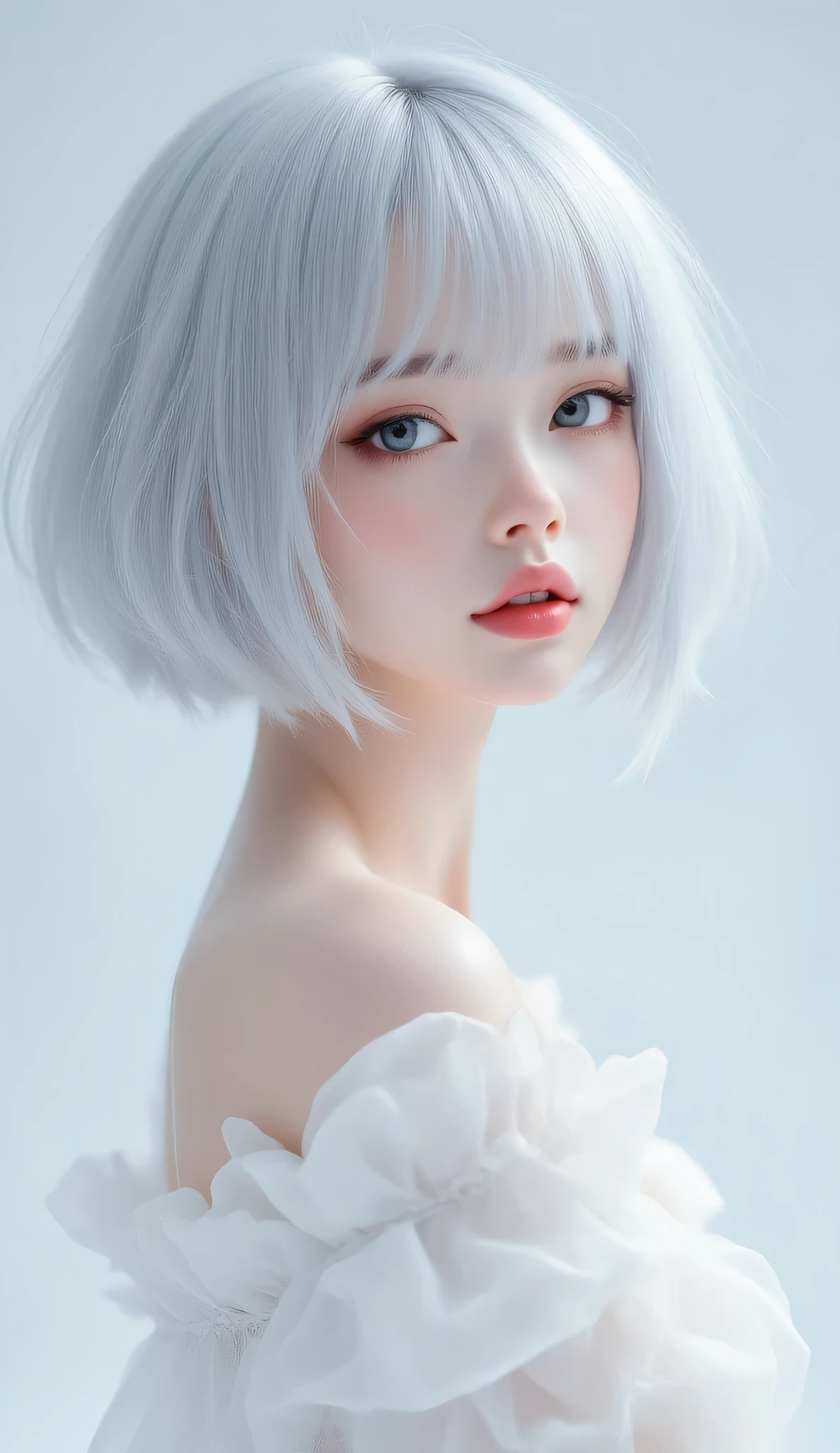 (masterpiece, ultra-detailed, photorealistic, cinematic soft lighting),
Sally, short fluffy silver-white bob hair, airy hairstyle,
(translucent porcelain skin, luminous natural glow, subtle blush, no plastic, no PVC, no mannequin),
large clear grey-blue eyes, calm gentle expression, lips softly closed,
half-body portrait, side-facing with slight head turn toward camera, elegant posture,
wearing a white translucent off-shoulder chiffon blouse, delicate folds,
background: soft misty grey-blue gradient, light cool tone, no harsh brightness,
lighting: soft Japanese transparency style, airy but not overexposed,
mood: clean, fresh, serene, soothing atmosphere