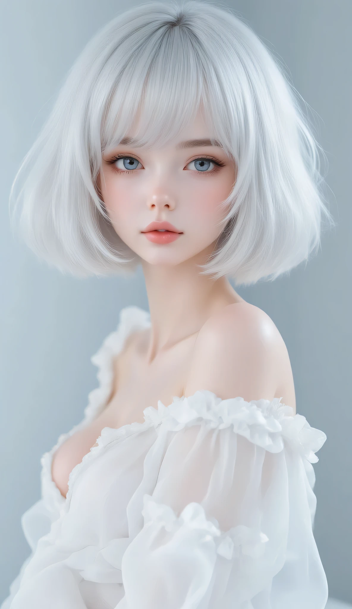 (masterpiece, ultra-detailed, photorealistic, cinematic soft lighting),
Sally, short fluffy silver-white bob hair, airy hairstyle,
(translucent porcelain skin, luminous natural glow, subtle blush, no plastic, no PVC, no mannequin),
large clear grey-blue eyes, calm gentle expression, lips softly closed,
half-body portrait, side-facing with slight head turn toward camera, elegant posture,
wearing a white translucent off-shoulder chiffon blouse, delicate folds,
background: soft misty grey-blue gradient, light cool tone, no harsh brightness,
lighting: soft Japanese transparency style, airy but not overexposed,
mood: clean, fresh, serene, soothing atmosphere