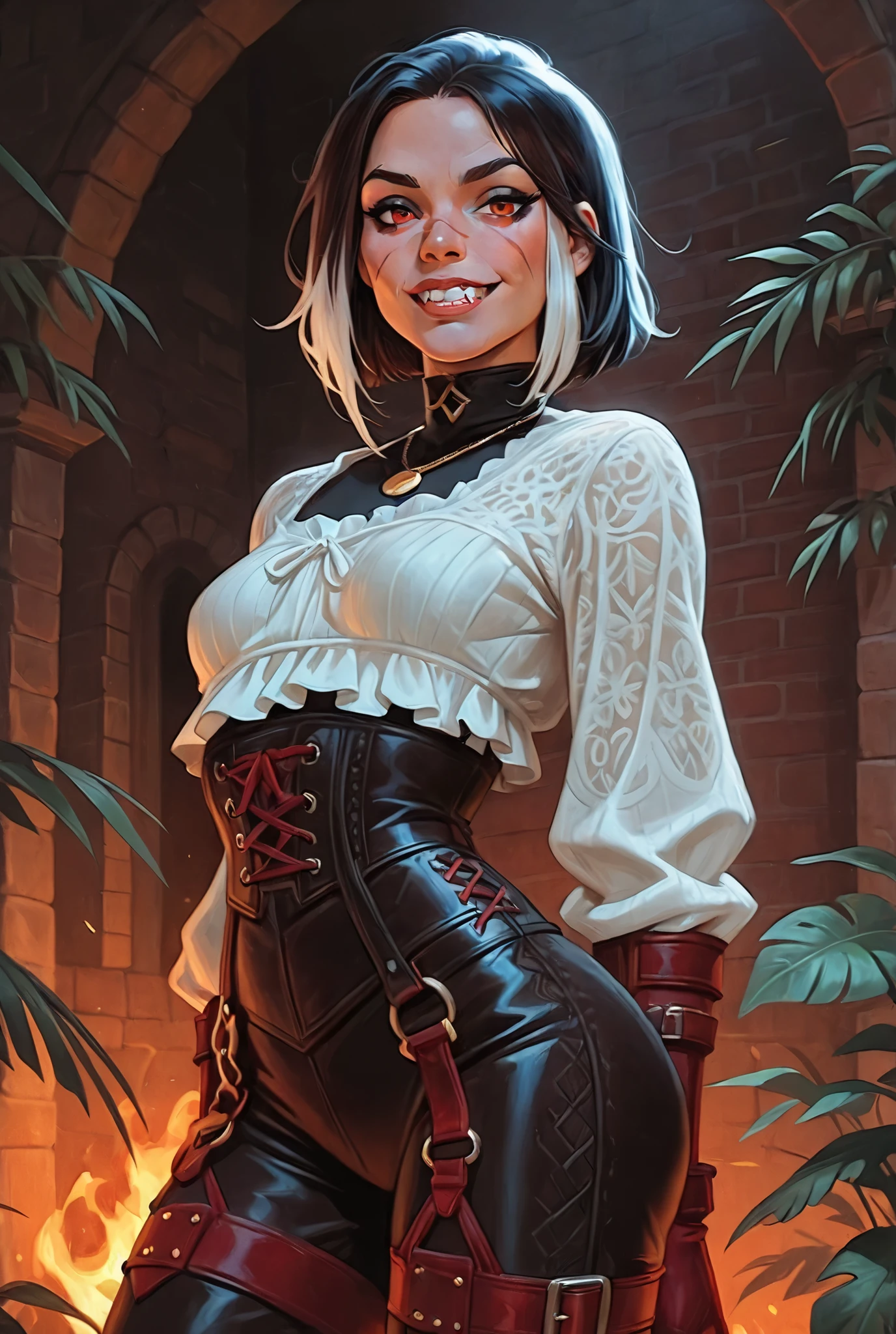 Drawn like the artist Bob Kehl. She looks like Cammy White and has a horizontal scar across her nose. Inca girl with white and dark hair, bigger head, deep red-coloured eyes, slanted Asian eyes, small sharp canine teeth, black eyeliner, athletic body and soft abs. Slender and athletic. Cute, round and young face. White highlights in her hair. She wears black, rough leather outfit with snakeskin-pattern and black gloves. She also wears an amber necklace. She has small breasts. She has a small smile on her face, lips pressed together. Atmospheric lighting. Box-art. DnD-art-style, oil painting. Looking at the viewer. Background: Spanish medieval town, hdr colours