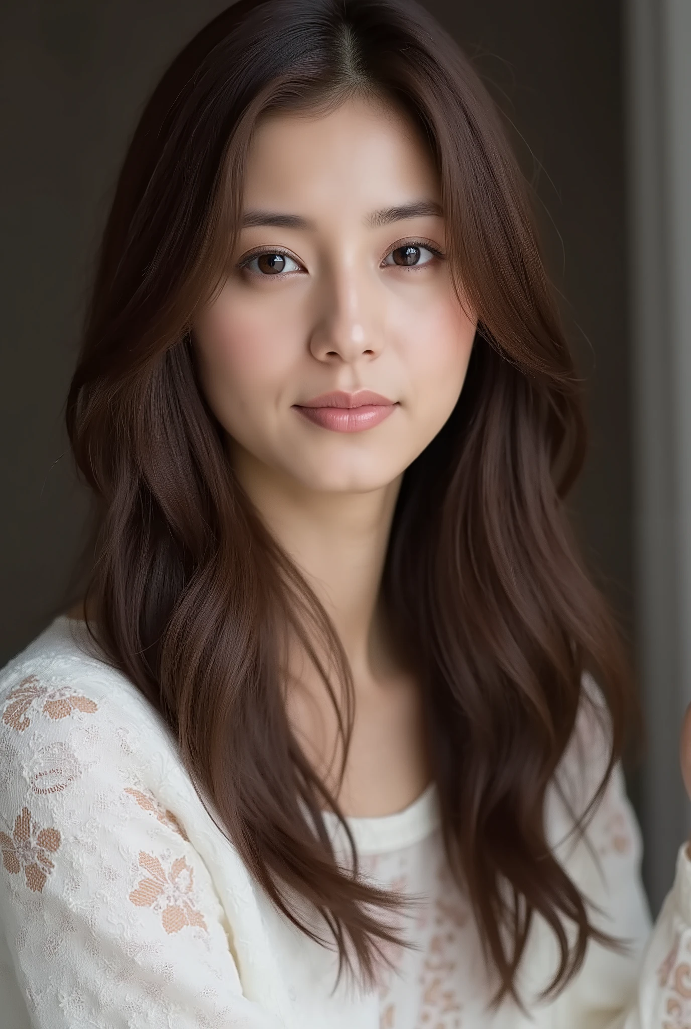 One woman with a cute face、as real as in the picture、matte texture、model pose、dim background,Full body fit 