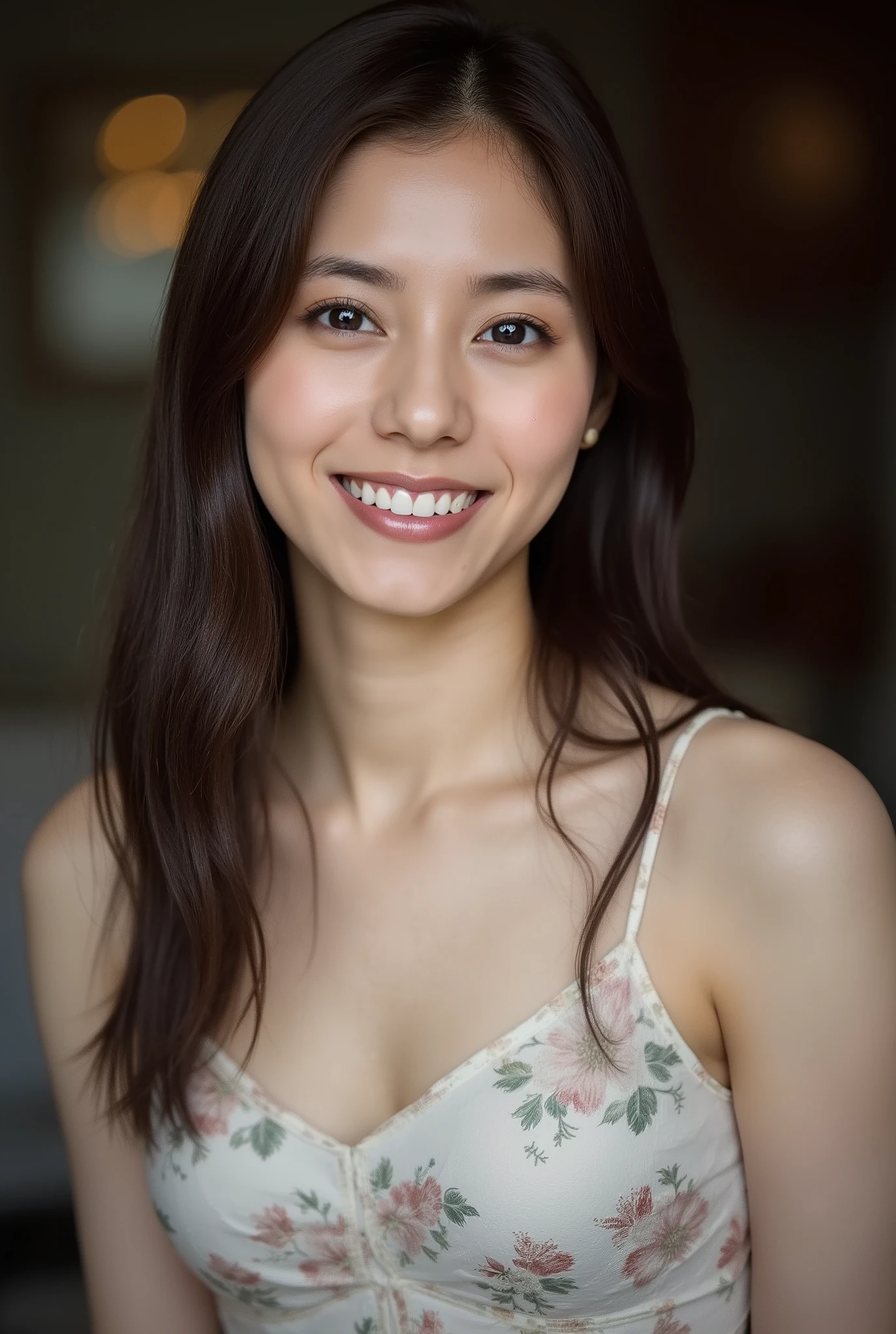 One woman with a cute face、as real as in the picture、matte texture、model pose、dim background,Full body fit 、Perfect Body、gentle expression