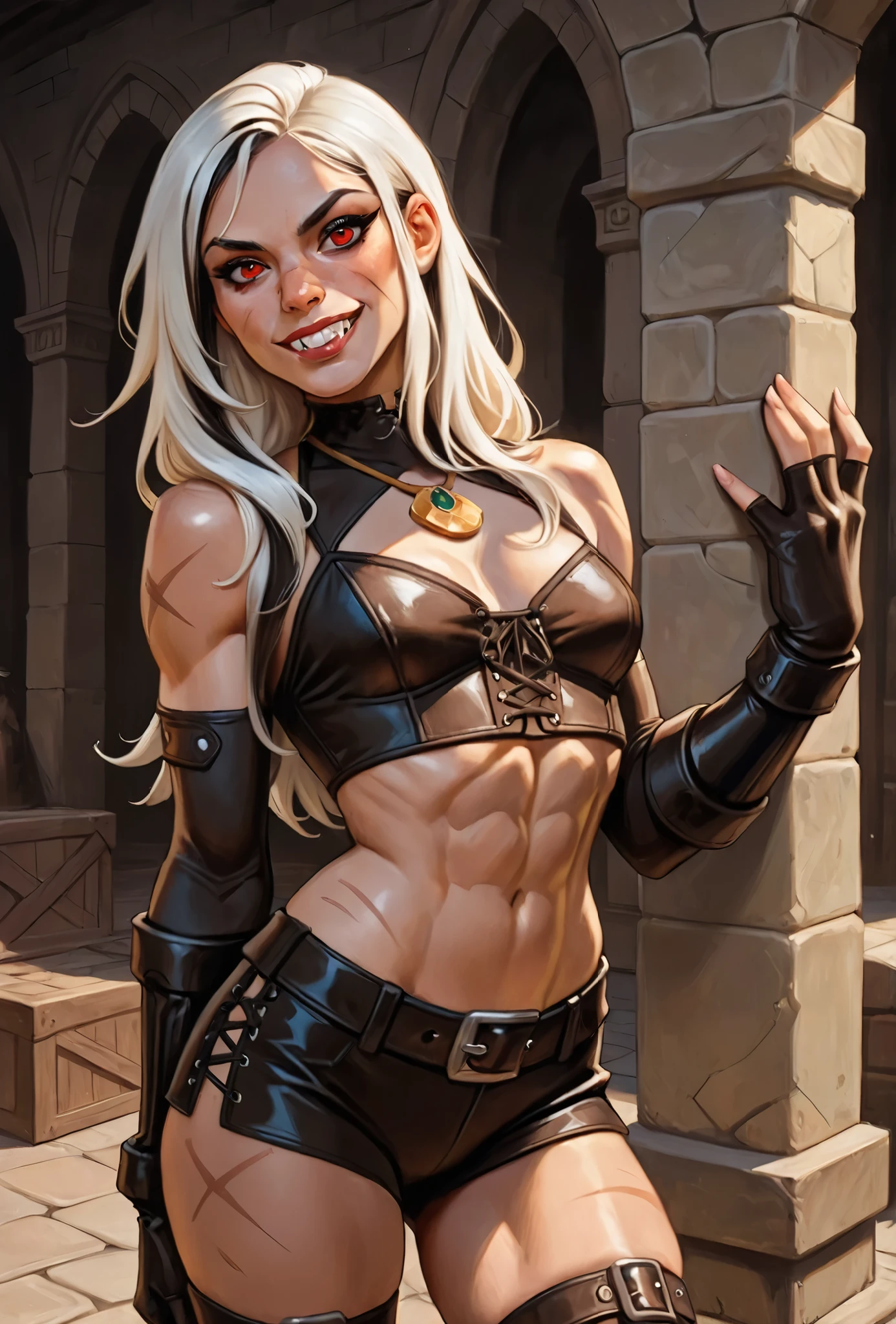 Drawn like the artist Bob Kehl. She looks like Cammy White and has a horizontal scar across her nose. Inca girl with white and dark hair, deep red-coloured eyes, slanted Asian eyes, small sharp canine teeth, black eyeliner, athletic body and soft abs. Slender and athletic. Cute, round and young face. White highlights in her hair. She wears black, rough leather outfit with snakeskin-pattern and black gloves. She also wears an amber necklace. She has small breasts. She has a small smile on her face, lips pressed together. Atmospheric lighting. Box-art. DnD-art-style, oil painting. Looking at the viewer. Background: Spanish medieval town, hdr colours