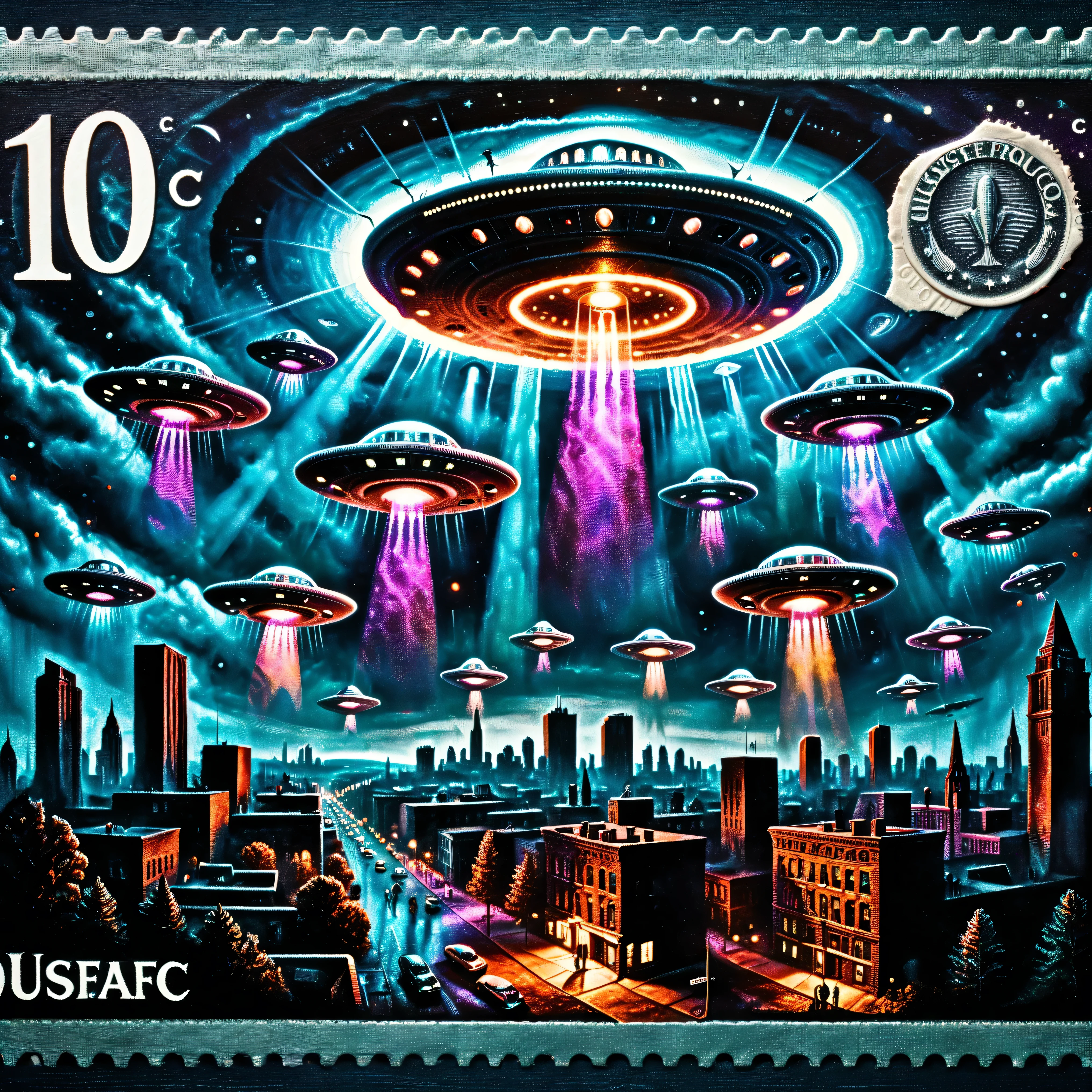 Dark Fantasy postage stamp style. UFOs flying above a modern city, disk-shaped, colored lights, people on the ground pointing up, 8K, HDR, ultra-detailed, physically-based rendering, professional, vibrant colors, dramatic lighting, 3D Rendering, realistic vision, surrealism, aesthetically incredible, high-res, spooky, technologically advanced and complex, a masterpiece