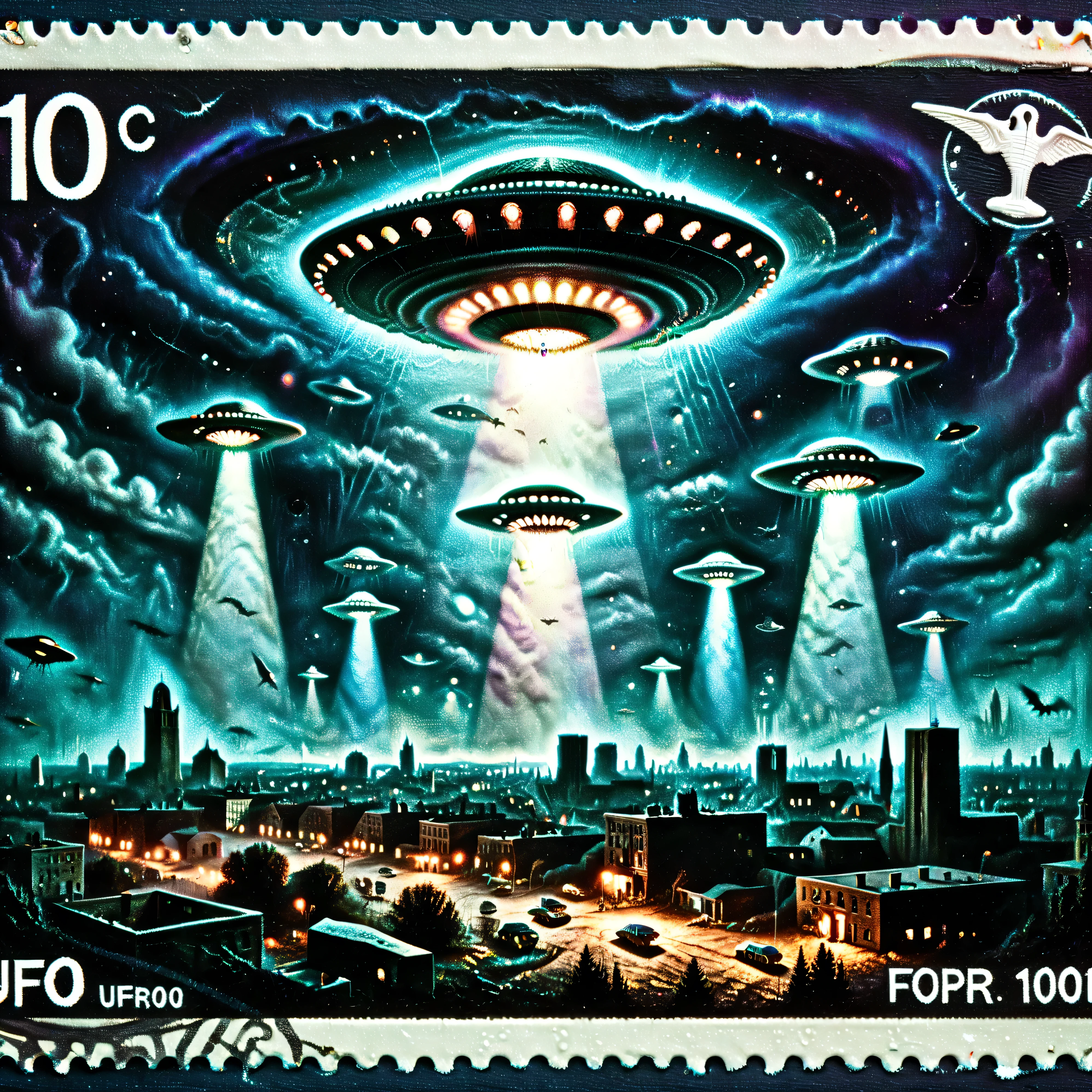 Dark Fantasy postage stamp style. UFOs flying above a mourning city, disk shaped, colored lights, people on the ground pointing up, 8K, HDR, ultra-detailed, physically-based rendering, professional, vibrant colors, dramatic lighting, 3D Rendering, realistic vision, surrealism, aesthetically incredible, high-res, spooky, technologically advanced and complex, a masterpiece