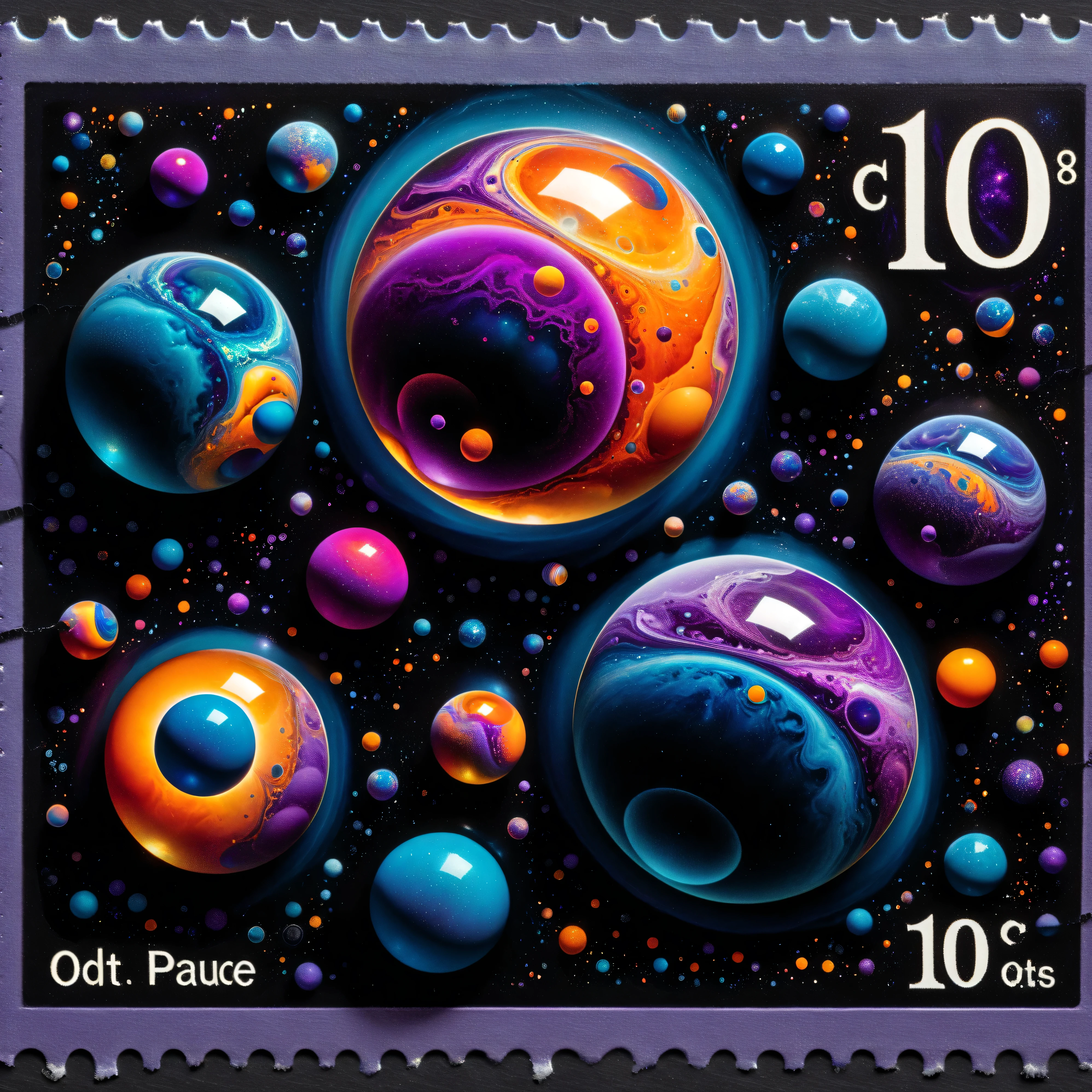 Dark fantasy postage stamp style, A mesmerizing collection of vibrant, colorful spheres floats in a dark, infinite space, reminiscent of a cosmic scene. The spheres vary in size, with the largest occupying the central focus, its surface reflecting a spectrum of vivid hues—deep blues, rich purples, fiery oranges, and soft pinks—creating an iridescent glow. Smaller spheres orbit around it, their surfaces similarly adorned with swirling, multicolored patterns. The composition suggests a dynamic motion, as if the orbs are in a state of perpetual flow or cosmic dance. Fine bubbles and specks of color dot the space between them, enhancing the sense of depth and fluidity. The overall atmosphere is otherworldly, a blend of surreal and abstract art that captivates with its visual complexity and celestial beauty. The interplay of colors against a dark backdrop evokes a sense of wonder and exploration. Ultra-realistic, photo-realistic, ultra-detailed, physically-based rendering, 3D realism, cinematic photography, cinematography, perforated postage stamp style with 80c in the corner.