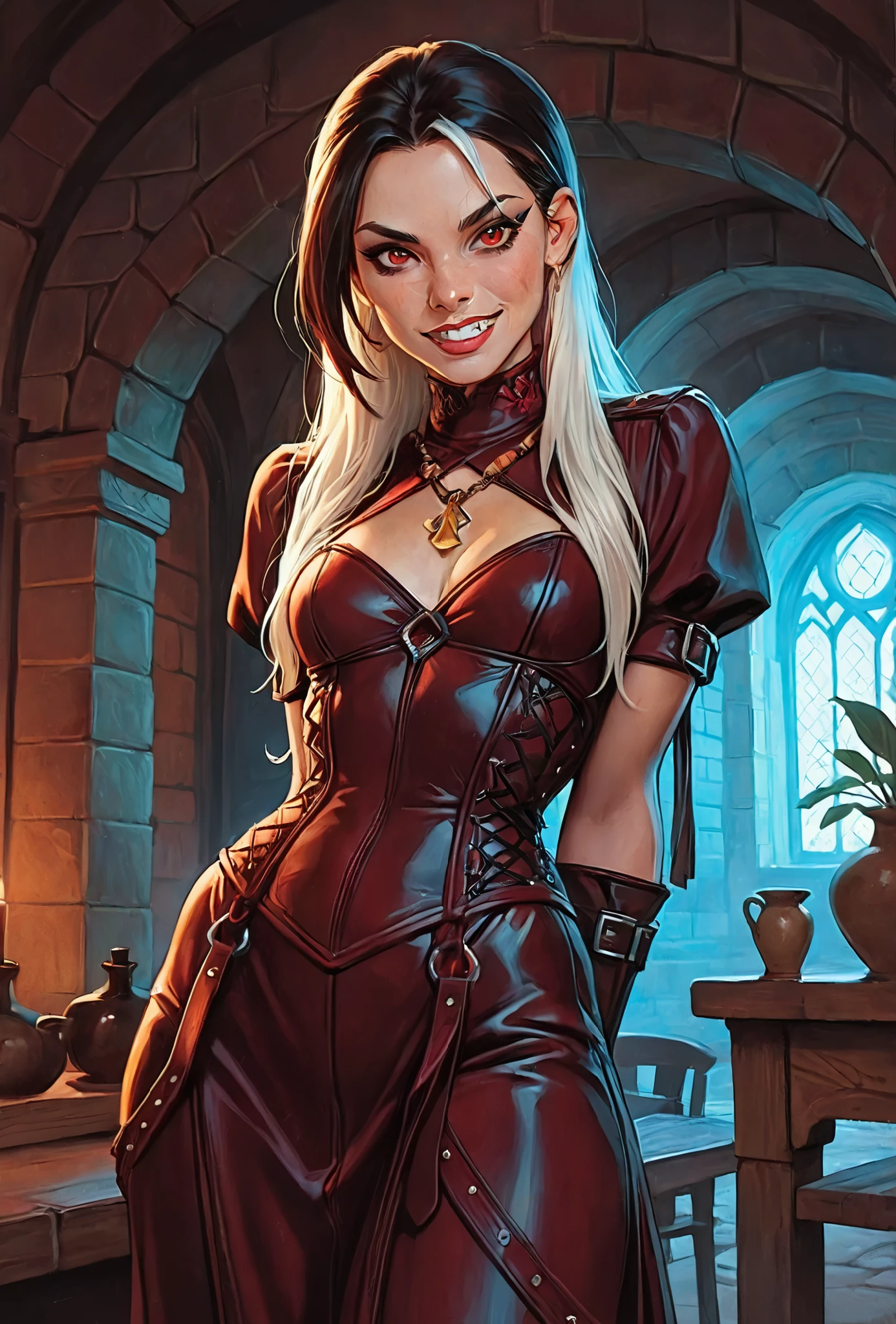 Drawn like the artist Bob Kehl. She looks like Cammy White and has a horizontal scar across her nose. Inca girl with white and dark hair, deep red-coloured eyes, slanted Asian eyes, small sharp canine teeth, black eyeliner, athletic body and soft abs. Slender and athletic. Cute, round and young face. White highlights in her hair. She wears red, fine (intricate) latex dress with snakeskin-pattern and intricate gloves. She also wears an amber necklace. She has small breasts. She has a small smile on her face, lips pressed together. Atmospheric lighting. Box-art. DnD-art-style, oil painting. Looking at the viewer. Background: Spanish medieval town, hdr colours