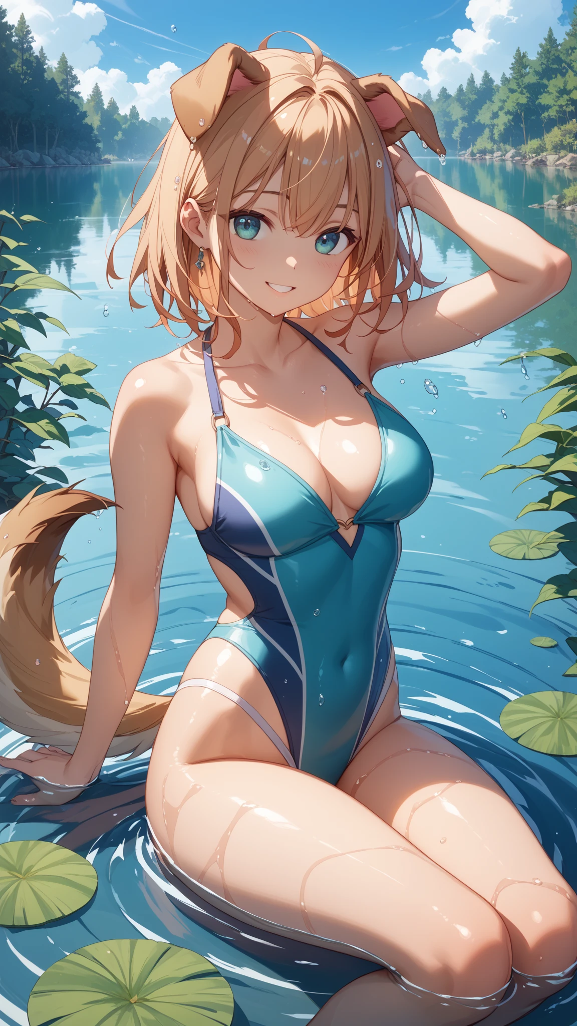 (masterpiece, best quality, ultra-detailed), (illustration), (beautiful detailed eyes), ((very detailed face)), (1girl), (solo), animal ears, animal ear fluff, Orange hair, green eyes, sidelocks, kal'tsit \(arknights\), 

(wearing a one-piece swimsuit), sitting on a rock, looking out at the ocean, waves crashing against the shore, seagulls flying overhead, peaceful and content expression, beautiful detailed night sky, nature, (greenery:1.3), collarbone, bold and bright colors, tree, falling leaves, 

??????????????, thick thighs, critical angle, seductive expression, wet, arms behind back,

masterpiece, best quality, ultra-detailed, illustration, 1girl, solo, daytime, blanket, plants, natural light, shadow, contrast, texture, detail, realism

aesthetics, flirtatious, artistry, composition, balance, harmony, rhythm, color, light, shadow, reflection, refraction, tone, contrast, foreground, middle ground, background, naturalistic, figurative, 
representational,