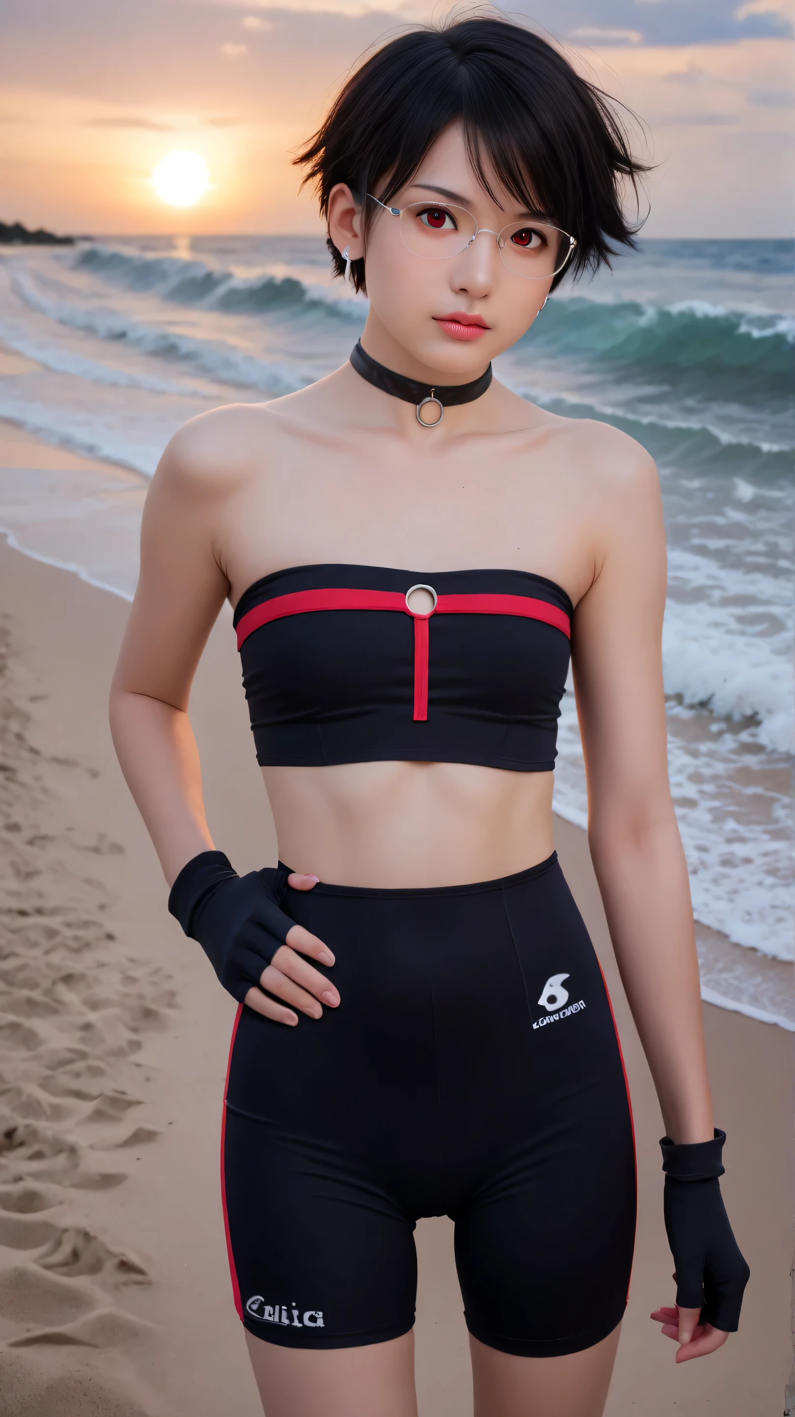 Masterpiece, best quality, 8k, ultra high resolution, photorealistic, cinematic composition,1girl, solo,sarada uchiha,red eyes,red eyes, black hair,(very short hair:1.5),outdoors,potrait,small breast,nature, wear glasses,close up,earings,bare shoulders, looking at viewer, big wave,Masterpiece, best quality, 8k, ultra high resolution, photorealistic, cinematic composition,(chokers:1.5),(beach:1.5),(beach outfit:1.5),(dark night:1.5),(standing still:1.5),black glove,close up,navel,bike shorts