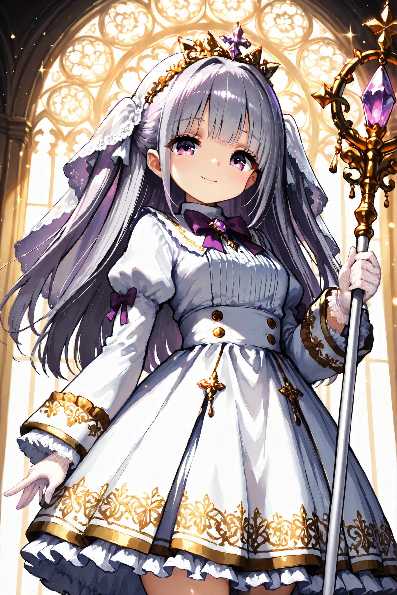 Shiny skin, kawaiicore, cutecore, masterpiece, best quality, ultra detailed, anime style, high resolution, 8k, caustics, super detailed skin, perfect anatomy, dynamic lighting, elaborate eye depiction, beautiful detailed eyes.
a cute anime girl.
very slim waist, curvy figure, slender figure, soft curves,
medium breasts.
cheerful and elegant expression.
soft smile.
large sparkling amethyst-purple eyes.
closed mouth.
HAIR.
long straight hair.
two-side up hairstyle.
pale lavender hair color.
airy bangs.
OUTFIT.
priest robe in lavender purple and brown with faint beige and subtle gold trim.
veil-style headband.
white lace collar.
sheer bishop sleeves.
tiered ruffle long skirt.
small pearl ribbons.
white lace gloves.
slender healing staff topped with a crystal bud motif.
POSE.
standing.
looking down at the viewer with a calm blessing demeanor.
slight contrapposto.
one hand lightly holding the staff.
STYLE.
Holy light.
thick outline, bold lineart, anime thick outline style, crisp contours, clear silhouette, uniform line weight across scene.
sparkling particles, glittering light effects, glowing motes, radiant magical dust, shimmering aura.
Kaai Yuki.