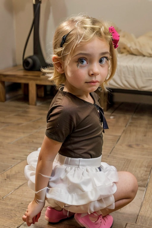 A vintage photograph of a young girl, around 4 to 5 years old, sitting on a small, cushioned stool. The girl has dark, curly hair tied with blue ribbons and is wearing a light-colored, sleeveless dress. She holds a blonde doll close to her  with one arm. The girl is smiling and has white socks with black sandals on her feet. The background features a set of curtains with alternating light blue and white stripes. The setting has a nostalgic, warm tone, with the wooden floor adding to the vintage feel.