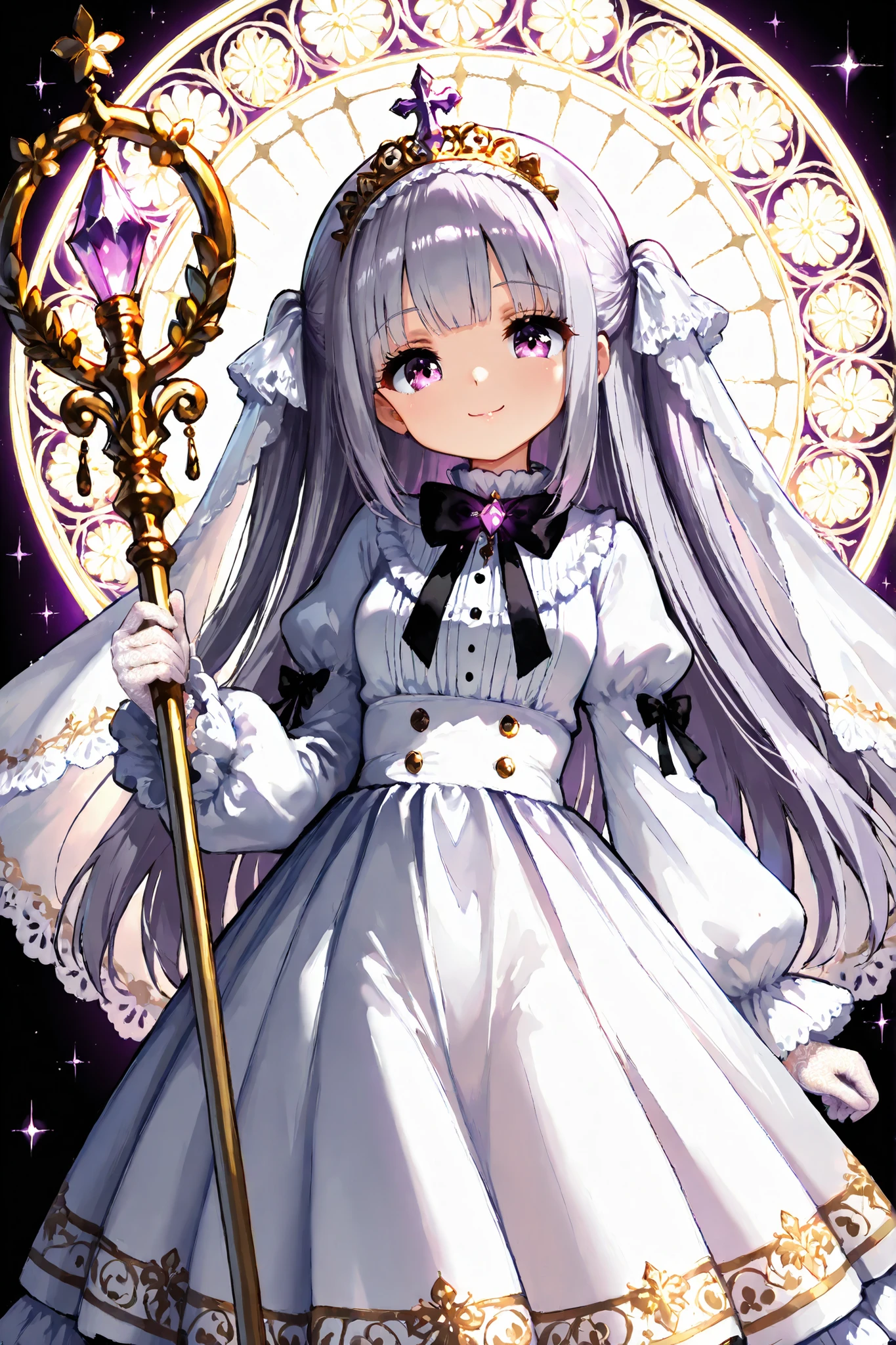 Shiny skin, kawaiicore, cutecore, masterpiece, best quality, ultra detailed, anime style, high resolution, 8k, caustics, super detailed skin, perfect anatomy, dynamic lighting, elaborate eye depiction, beautiful detailed eyes.
a cute anime girl.
very slim waist, curvy figure, slender figure, soft curves,
medium breasts.
cheerful and elegant expression.
soft smile.
large sparkling amethyst-purple eyes.
closed mouth.
HAIR.
long straight hair.
two-side up hairstyle.
pale lavender hair color.
airy bangs.
OUTFIT.
priest robe in lavender purple and brown with faint beige and subtle gold trim.
veil-style headband.
white lace collar.
sheer bishop sleeves.
tiered ruffle long skirt.
small pearl ribbons.
white lace gloves.
slender healing staff topped with a crystal bud motif.
POSE.
standing.
looking down at the viewer with a calm blessing demeanor.
slight contrapposto.
one hand lightly holding the staff.
STYLE.
Holy light.
thick outline, bold lineart, anime thick outline style, crisp contours, clear silhouette, uniform line weight across scene.
sparkling particles, glittering light effects, glowing motes, radiant magical dust, shimmering aura.
Kaai Yuki.