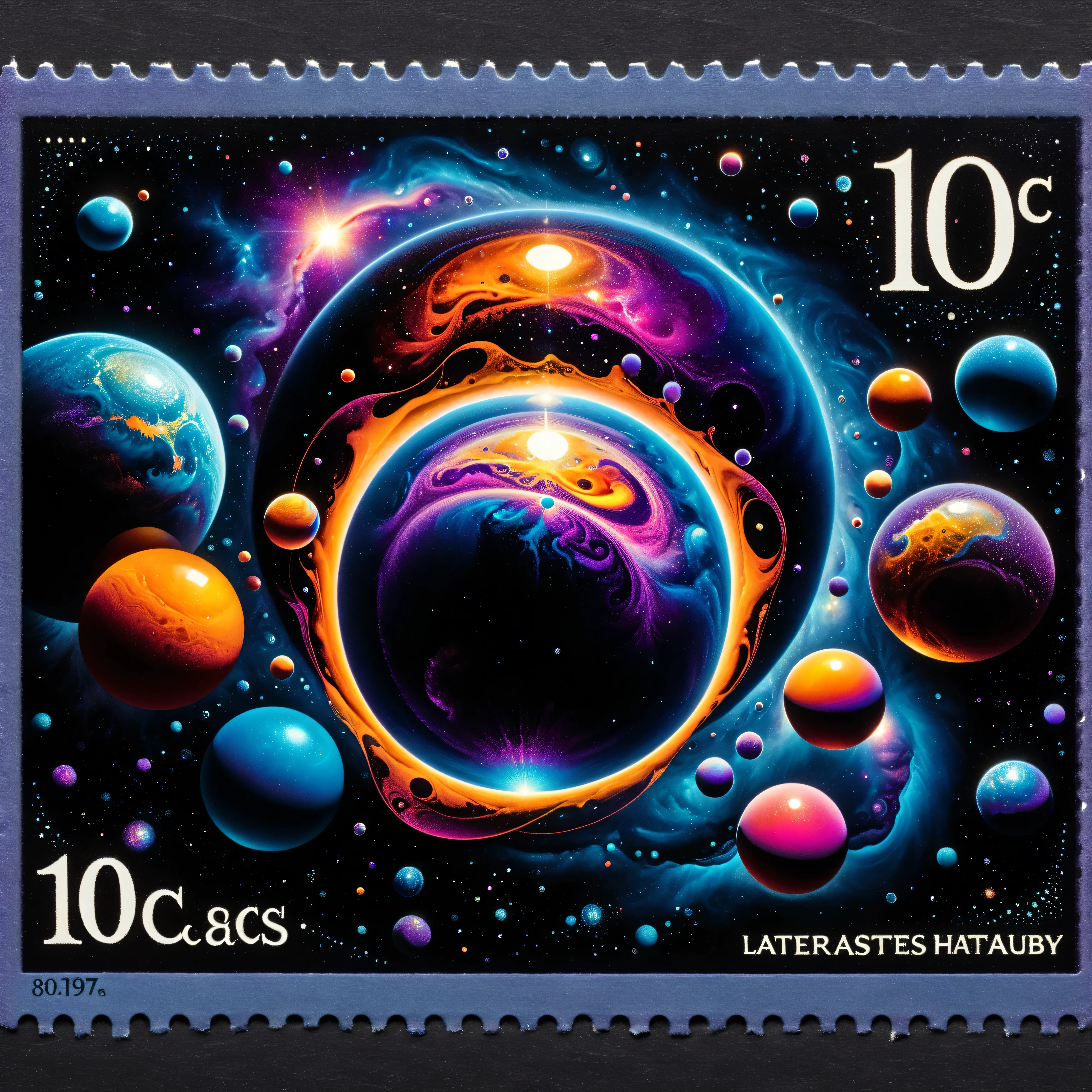 Dark fantasy postage stamp style, A  collection of vibrant, colorful spheres floats in a dark, infinite space, reminiscent of a cosmic scene. The spheres vary in size, with the largest occupying the central focus, its surface reflecting a spectrum of vivid hues—deep blues, rich purples, fiery oranges, and soft pinks—creating an iridescent glow. Smaller spheres orbit around it, their surfaces similarly adorned with swirling, multicolored patterns. The composition suggests a dynamic motion, as if the orbs are in a state of perpetual flow or cosmic dance. Fine bubbles and specks of color dot the space between them, enhancing the sense of depth and fluidity. The overall atmosphere is otherworldly, a blend of surreal and abstract art that captivates with its visual complexity and celestial beauty. The interplay of colors against a dark backdrop evokes a sense of wonder and exploration. Ultra-realistic, photo-realistic, ultra-detailed, physically-based rendering, 3D realism, cinematic photography, cinematography, perforated postage stamp style with 80c in the corner.