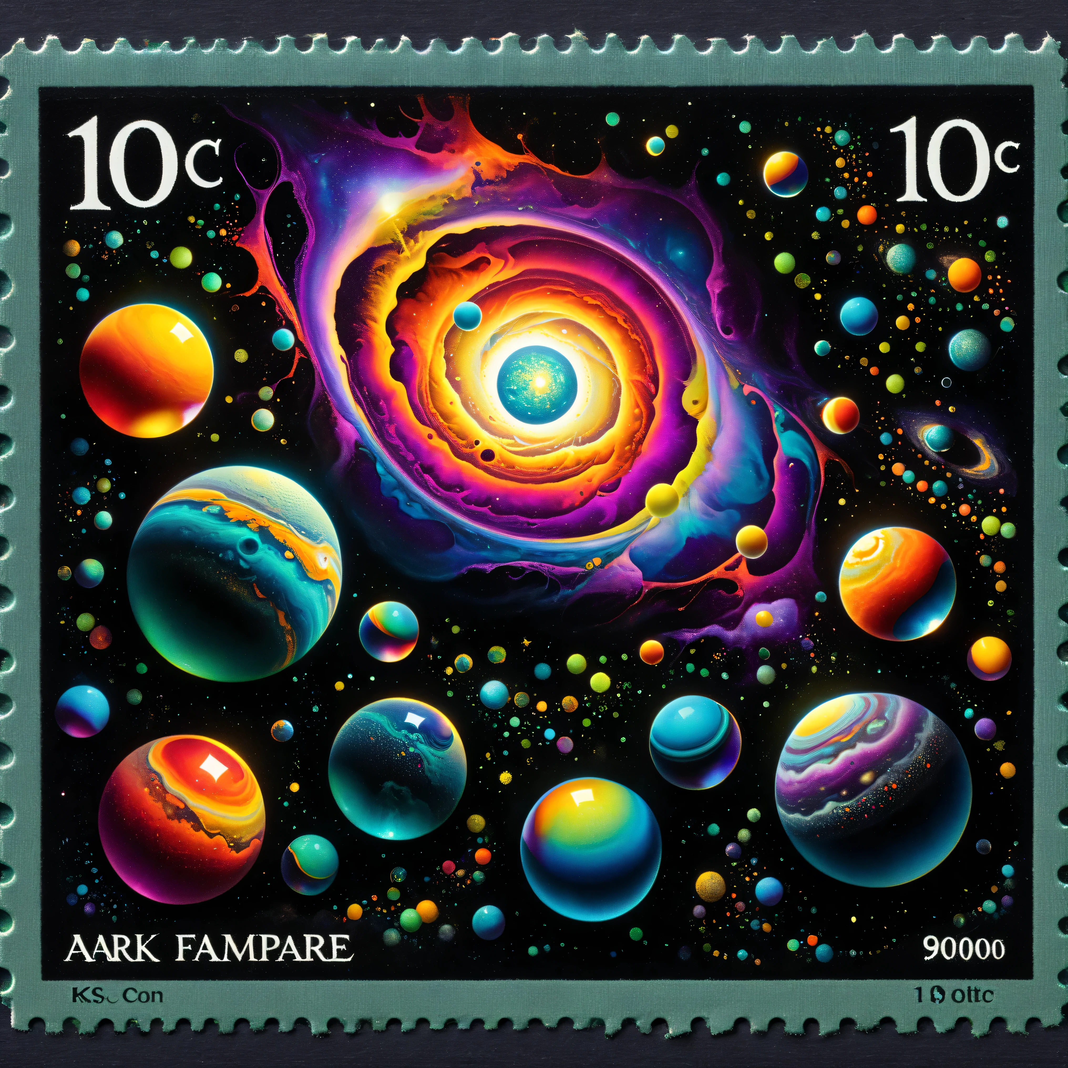 Dark fantasy postage stamp style, An incredible collection of vibrant, colorful spheres floats in a dark, infinite space, reminiscent of a cosmic scene. The spheres vary in size, with the largest occupying the central focus, its surface reflecting a spectrum of vivid hues—vibrant yellows, neon greens, volcanic reds, deep blues, rich purples, fiery oranges, and soft pinks—creating an iridescent glow. Smaller spheres orbit around it, their surfaces similarly adorned with swirling, multicolored patterns. The composition suggests a dynamic motion, as if the orbs are in a state of perpetual flow or cosmic dance. Fine bubbles and specks of color dot the space between them, enhancing the sense of depth and fluidity. The overall atmosphere is otherworldly, a blend of surreal and abstract art that captivates with its visual complexity and celestial beauty. The interplay of colors against a dark backdrop evokes a sense of wonder and exploration. Ultra-realistic, photo-realistic, ultra-detailed, physically-based rendering, 3D realism, cinematic photography, cinematography, perforated postage stamp style with 80c in the corner.