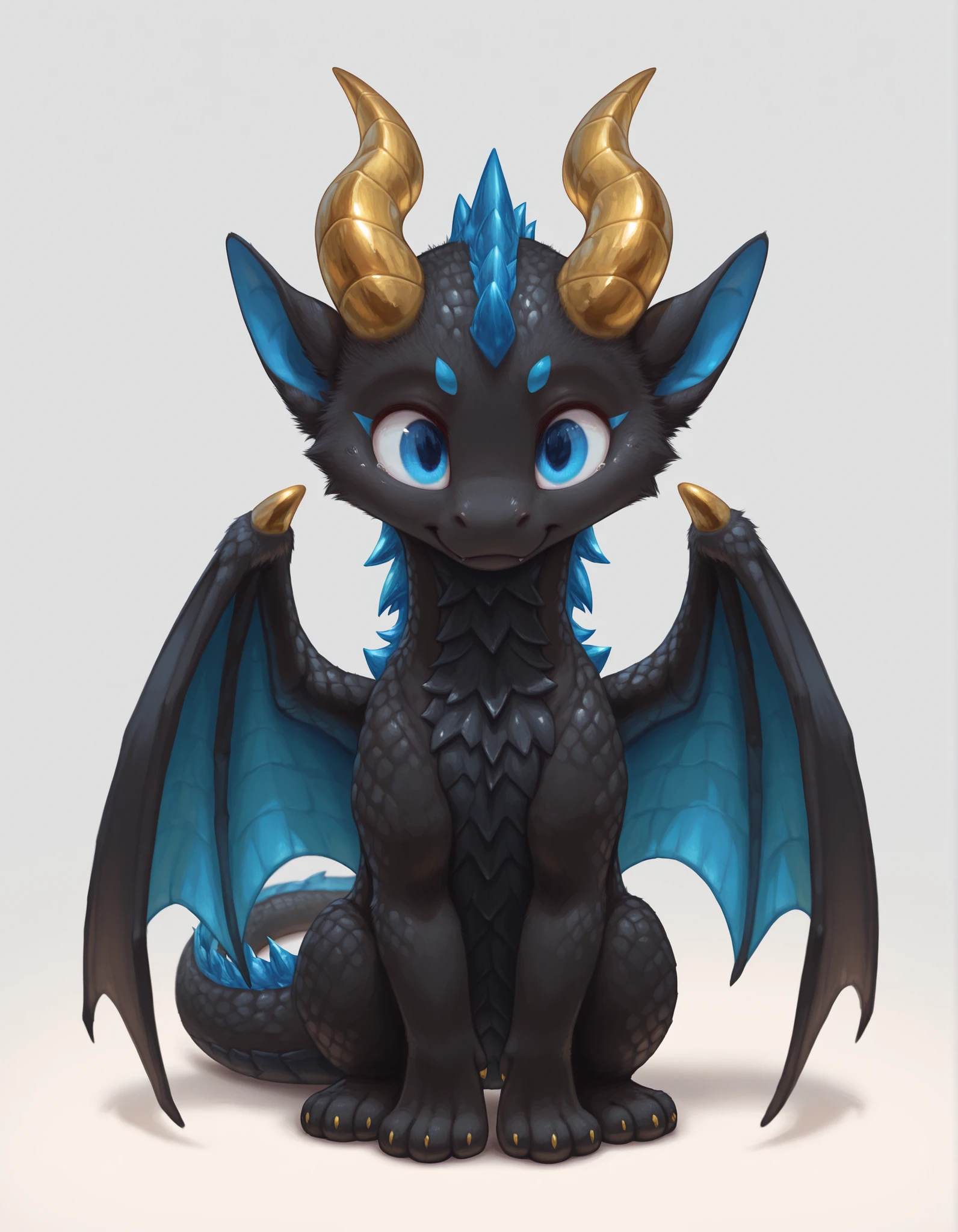 masterpiece, best quality, amazing quality, slvrfxstyleil, feral, dragon, black skin, gold horns, curled horns, wings, blue eyes, simple background,, solo, 1female, cute,