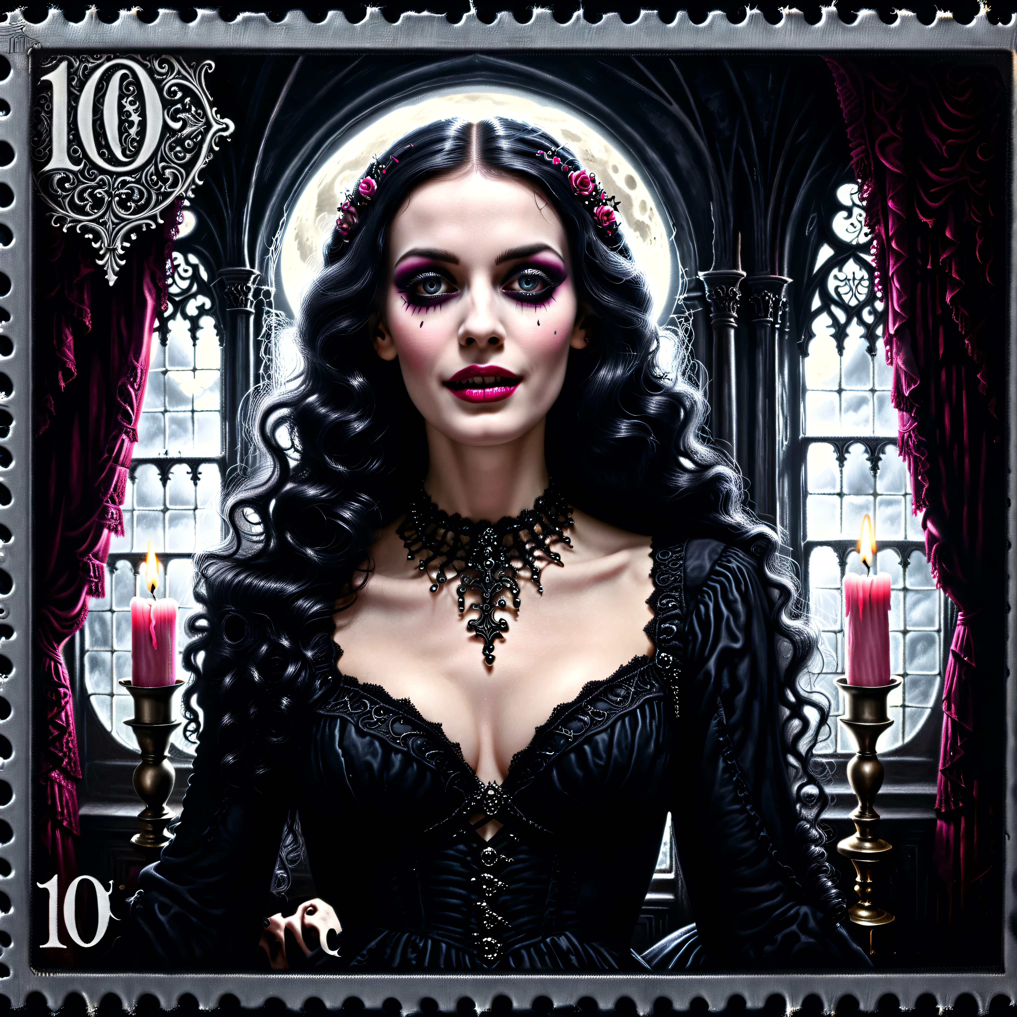 Dark postage stamp style. An ultra attractive gothic woman, hypersenual pose, moody atmosphere, gothic/victorian style dress, black and hot pink, ultra-realistic,photo-realistic,ultra-detailed, physically-based rendering, detailed portrait of a beautiful gothic woman with pale skin, dark makeup, piercing eyes and an intense expression, wearing an ornate black and hot pink, in a Victorian-style dress, lit candles, silver candelabras, full moon seen from the window, atmospheric background with dramatic lighting, highly realistic, extremely detailed, 8K, HDR, studio lighting, vivid colors, ultra-realistic, photo-realistic, ultra-detailed, insane 3D realism, cinematic photography, cinematic portrait, portrait photography, cinematography, full focus, UHDR, highres, startling presence, icon style, intricate facial features, intricate eyes, black eyeshadow, black makeup, ornate gothic interior, professional movie quality imagery, otherworldly atmosphere,surreal, disquieting, unnerving, macabre fantasy art, highly morbid, grotesque beauty, gothic beauty,nightmarish imagery, masterpiece. 1girl, looking at the viewer, Black Hair, Very Long Hair, Parted Lips, Multiple Views, Wavy Hair, Large breasts, Wide-Eyed, Sparkling Eyes, Excited, Crazy Smile, Kubrick Stare, Macro Photo, Gothic Art, Ultra-realistic, photo-realistic, ultra-detailed, physically-based rendering, 8k, UHDR, hyperrealistic, cinematic photography, cinematography, full focus, highest quality