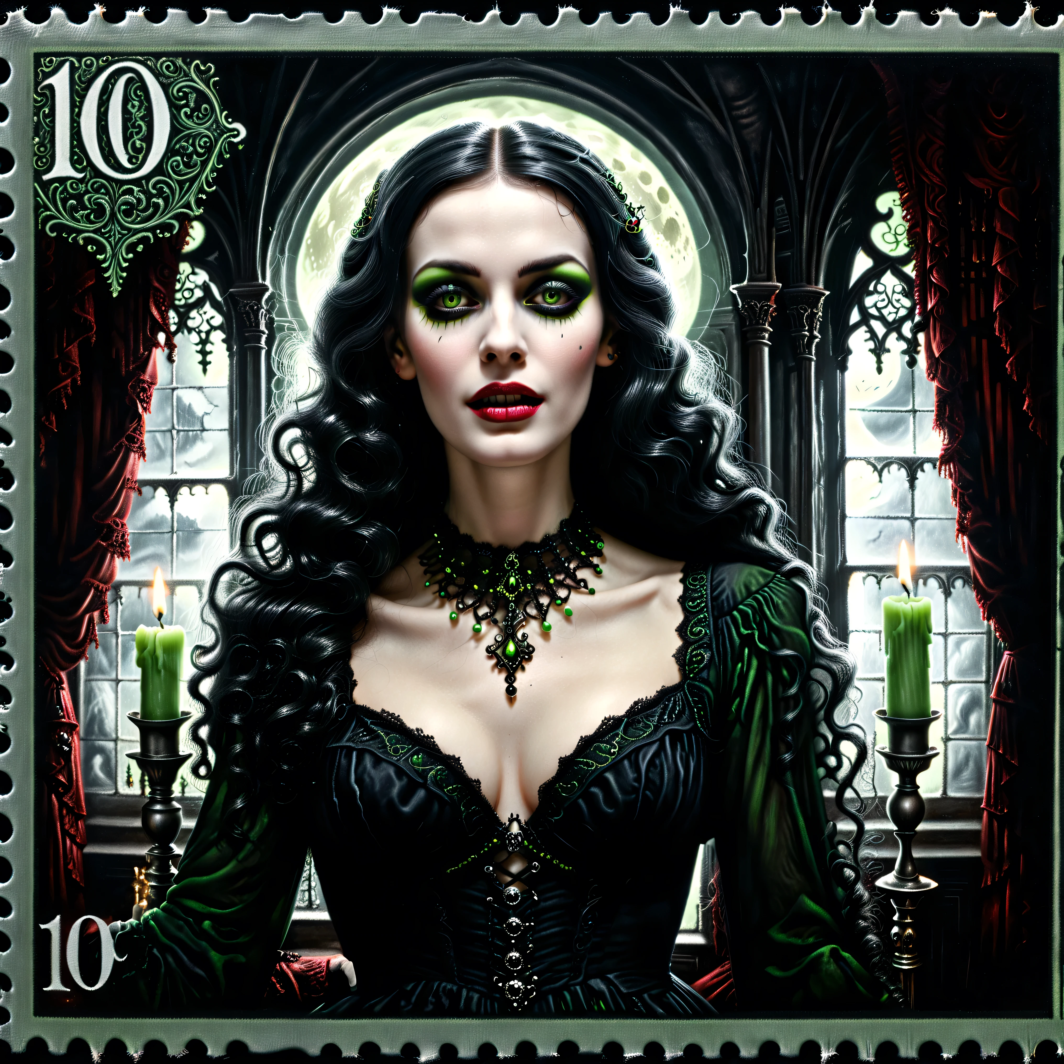 Dark postage stamp style. An ultra attractive gothic woman, hypersenual pose, moody atmosphere, gothic/victorian style dress, black and neon green, ultra-realistic,photo-realistic,ultra-detailed, physically-based rendering, detailed portrait of a beautiful gothic woman with pale skin, dark makeup, piercing eyes and an intense expression, wearing an ornate black and neon green, in a Victorian-style dress, lit candles, silver candelabras, full moon seen from the window, atmospheric background with dramatic lighting, highly realistic, extremely detailed, 8K, HDR, studio lighting, vivid colors, ultra-realistic, photo-realistic, ultra-detailed, insane 3D realism, cinematic photography, cinematic portrait, portrait photography, cinematography, full focus, UHDR, highres, startling presence, icon style, intricate facial features, intricate eyes, black eyeshadow, black makeup, ornate gothic interior, professional movie quality imagery, otherworldly atmosphere,surreal, disquieting, unnerving, macabre fantasy art, highly morbid, grotesque beauty, gothic beauty,nightmarish imagery, masterpiece. 1girl, looking at the viewer, Black Hair, Very Long Hair, Parted Lips, Multiple Views, Wavy Hair, Large breasts, Wide-Eyed, Sparkling Eyes, Excited, Crazy Smile, Kubrick Stare, Macro Photo, Gothic Art, Ultra-realistic, photo-realistic, ultra-detailed, physically-based rendering, 8k, UHDR, hyperrealistic, cinematic photography, cinematography, full focus, highest quality