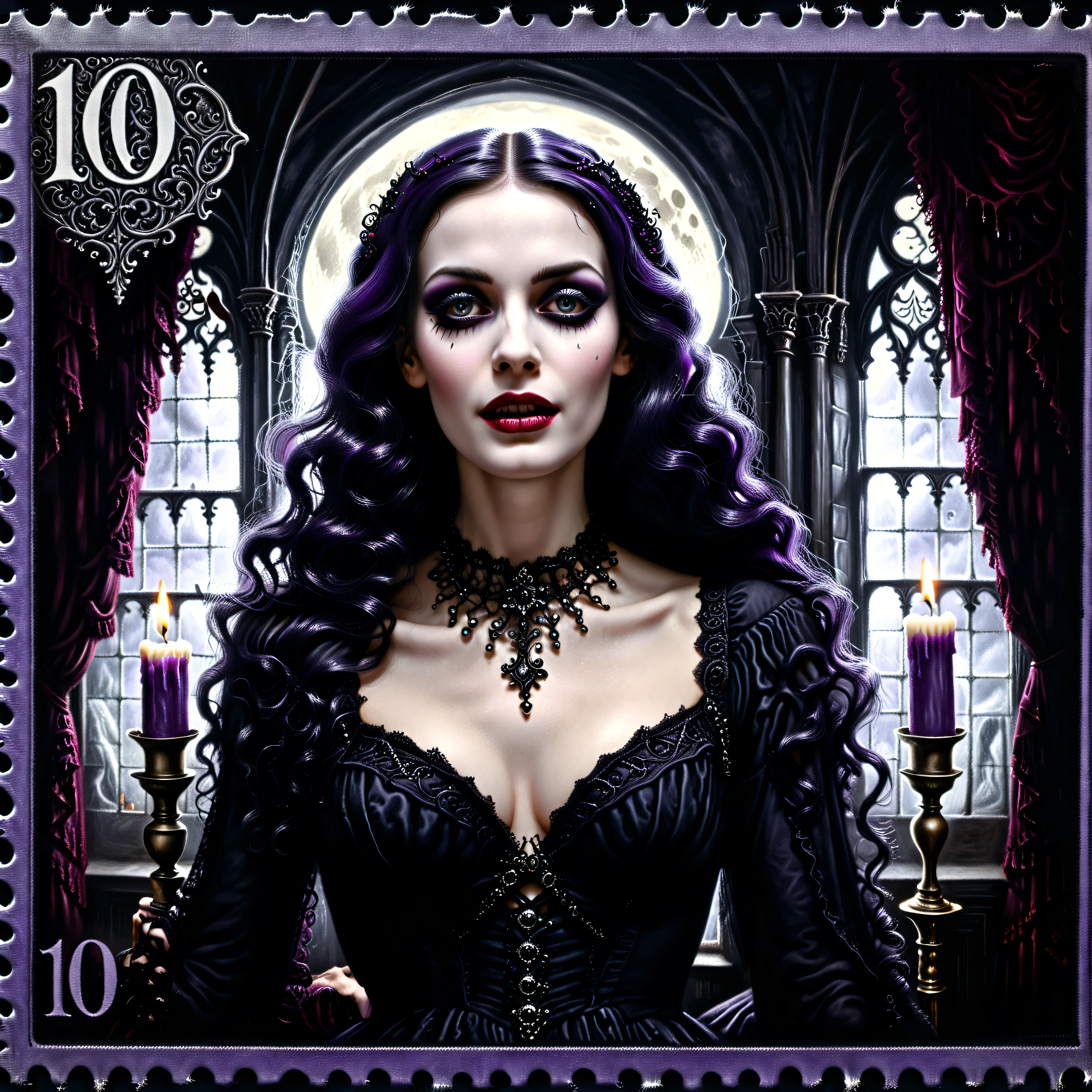 Dark postage stamp style. An ultra attractive gothic woman, hypersenual pose, moody atmosphere, gothic/victorian style dress, black and violet, ultra-realistic,photo-realistic,ultra-detailed, physically-based rendering, detailed portrait of a beautiful gothic woman with pale skin, dark makeup, piercing eyes and an intense expression, wearing an ornate black and violet, Victorian-style dress, lit candles, silver candelabras, full moon seen from the window, atmospheric background with dramatic lighting, highly realistic, extremely detailed, 8K, HDR, studio lighting, vivid colors, ultra-realistic, photo-realistic, ultra-detailed, insane 3D realism, cinematic photography, cinematic portrait, portrait photography, cinematography, full focus, UHDR, highres, startling presence, icon style, intricate facial features, intricate eyes, black eyeshadow, black makeup, ornate gothic interior, professional movie quality imagery, otherworldly atmosphere,surreal, disquieting, unnerving, macabre fantasy art, highly morbid, grotesque beauty, gothic beauty,nightmarish imagery, masterpiece. 1girl, looking at the viewer, Black Hair, Very Long Hair, Parted Lips, Multiple Views, Wavy Hair, Large breasts, Wide-Eyed, Sparkling Eyes, Excited, Crazy Smile, Kubrick Stare, Macro Photo, Gothic Art, Ultra-realistic, photo-realistic, ultra-detailed, physically-based rendering, 8k, UHDR, hyperrealistic, cinematic photography, cinematography, full focus, highest quality