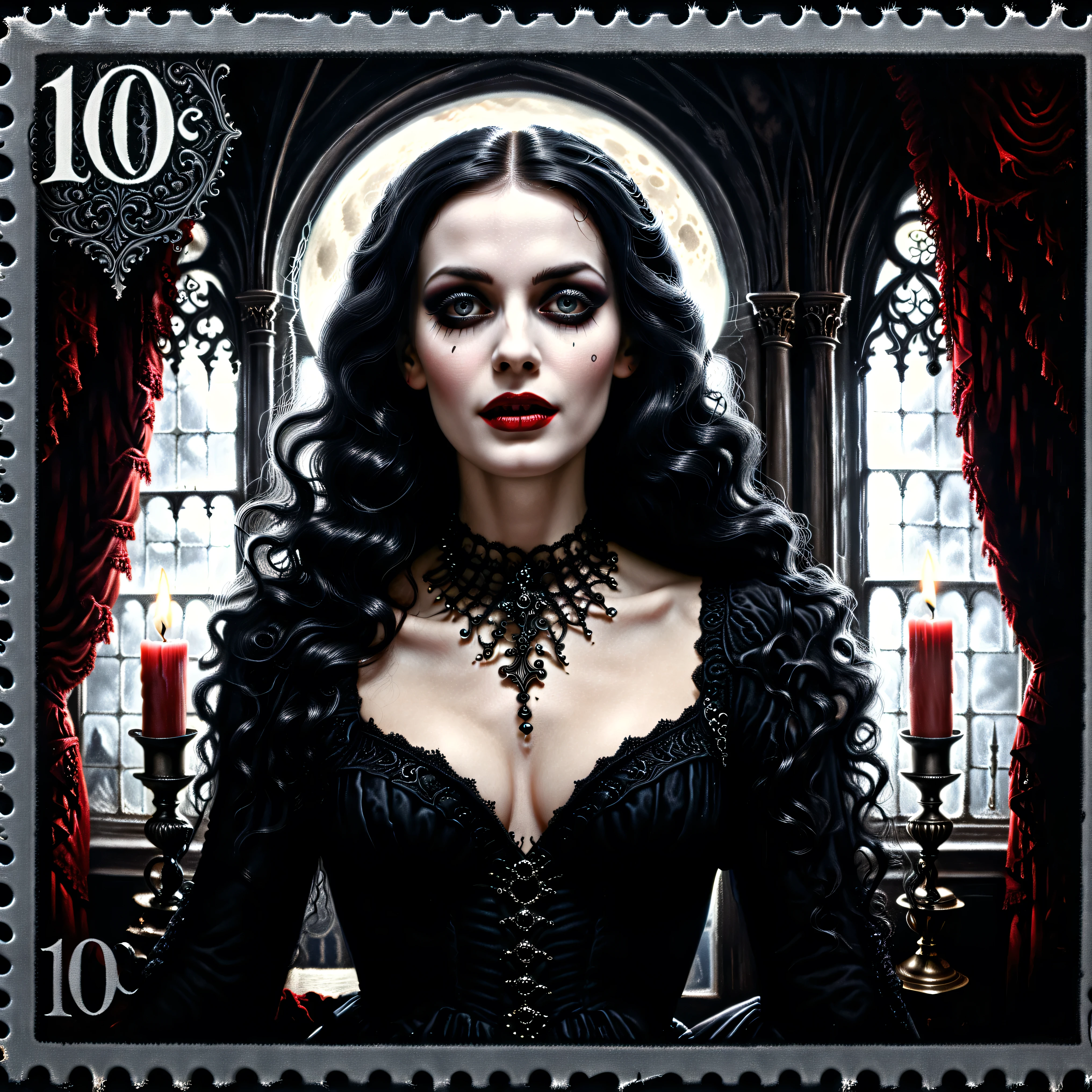 Dark postage stamp style. Ultra attractive gothic woman, hypersenual pose, moody atmosphere, gothic/victorian style dress, black and scarlet, ultra-realistic,photo-realistic,ultra-detailed, physically-based rendering, detailed portrait of a beautiful gothic woman with pale skin, dark makeup, piercing eyes and an intense expression, wearing an ornate black and scarlet,victorian-style dress, lit candles, silver candelabras, full moon seen from the window, atmospheric background with dramatic lighting, highly realistic, extremely detailed, 8K, HDR, studio lighting, vivid colors, ultra-realistic, photo-realistic, ultra-detailed, insane 3D realism, cinematic photography, cinematic portrait, portrait photography, cinematography, full focus, UHDR, highres, startling presence, icon style, intricate facial features,  intricate eyes, black eyeshadow, black makeup, ornate gothic interior, professional movie quality imagery, otherworldly atmosphere,surreal, disquieting, unnerving, macabre fantasy art, highly morbid, grotesque beauty, gothic beauty,nightmarish imagery, masterpiece. 1girl, looking at the viewer, Black Hair, Very Long Hair, Parted Lips, Multiple Views, Wavy Hair, Large breasts, Wide-Eyed, Sparkling Eyes, Excited, Crazy Smile, Kubrick Stare, Macro Photo, Gothic Art,  Ultra-realistic, photo-realistic, ultra-detailed, physically-based rendering, 8k, UHDR, hyperrealistic, cinematic photography, cinematography, full focus, highest quality 