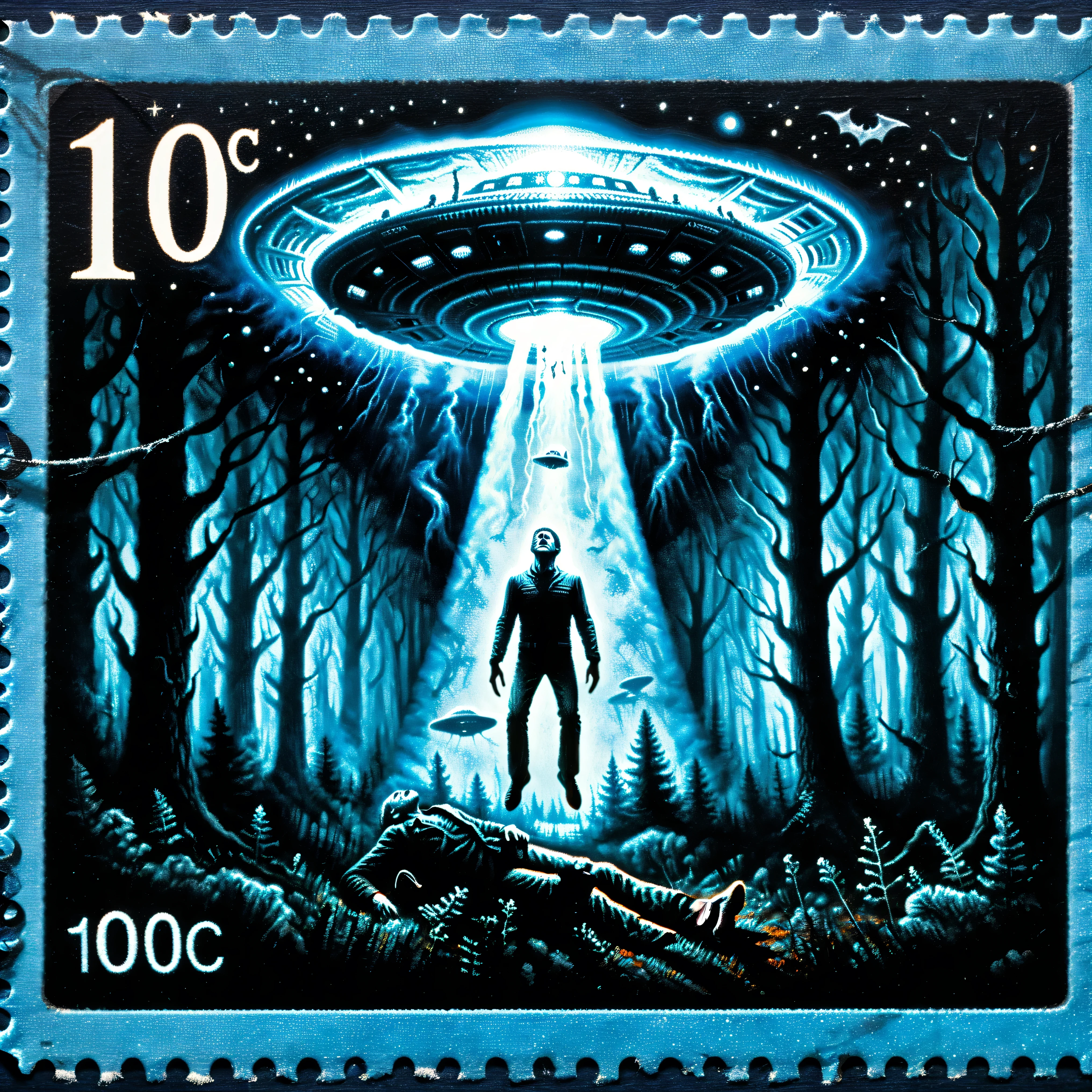 Dark Fantasy postage stamp style. A UFO flying above a man at night in a secluded wooded area, it blasts him in blue light and lifts him off his feet towards the craft, Travis Walton inspired event, 8K, HDR, ultra-detailed, physically-based rendering, professional, vibrant colors, dramatic lighting, 3D Rendering, realistic vision, surrealism, aesthetically incredible, high-res, spooky, technologically advanced and complex, a masterpiece