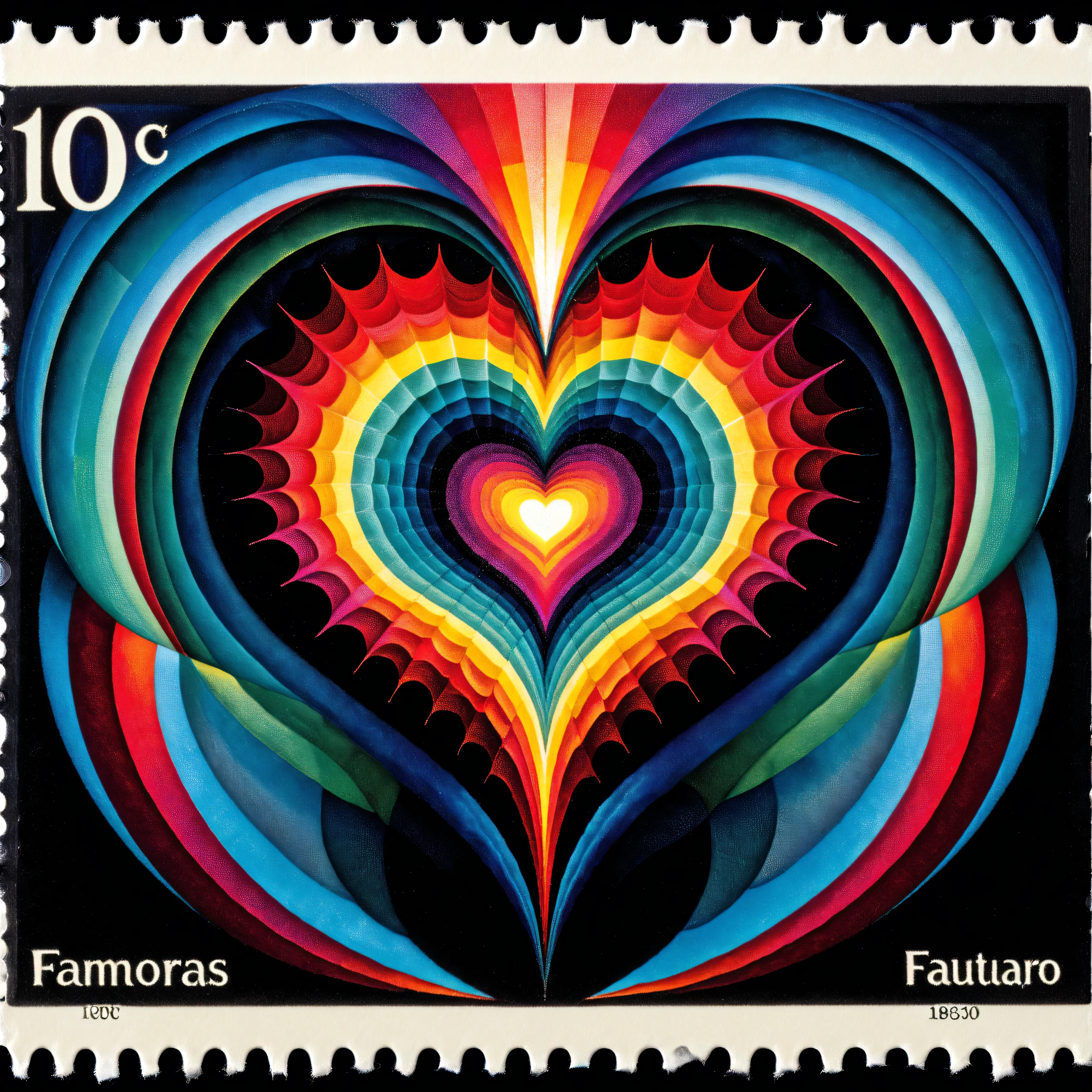 Dark Fantasy postage stamp style, a striking image showcasing a heart-shaped void as the central focal point, surrounded by a vivid spectrum of colors radiating outward in a dazzling fan-like pattern. The heart itself is a deep black, creating a stark contrast against the vibrant backdrop, and it contains two luminous light flares—red and blue—that add a celestial feel. Encircling the heart, a series of concentric, kaleidoscopic bands display an array of colors, including bright reds, greens, blues, and yellows, reminiscent of a psychedelic or cosmic art style. On both sides, there are intricate, abstract spherical forms that appear to be wire-like orbs embedded within the colorful design, adding texture and complexity. The overall composition exudes an energetic and lively atmosphere, with the bold use of colors evoking feelings of joy and wonder.