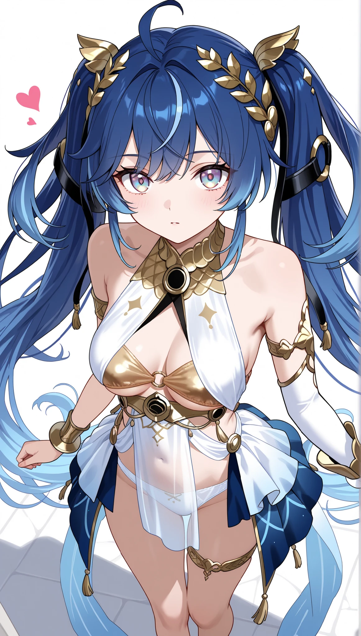 heart, from above, looking at viewer, multicolored eyes, blue hair, streaked hair, gradient hair, very long hair, twintails, ahoge, cowlick, , hair belt, hair ornament, head wreath, short dress, white dress, tassel, gold trim, shoulders, gold bra, underboob, o-ring top, single bridal gauntlet, armlet, wrist cuffs, blue skirt, showgirl skirt, pelvic curtain, white panties, see-through clothes, thighlet