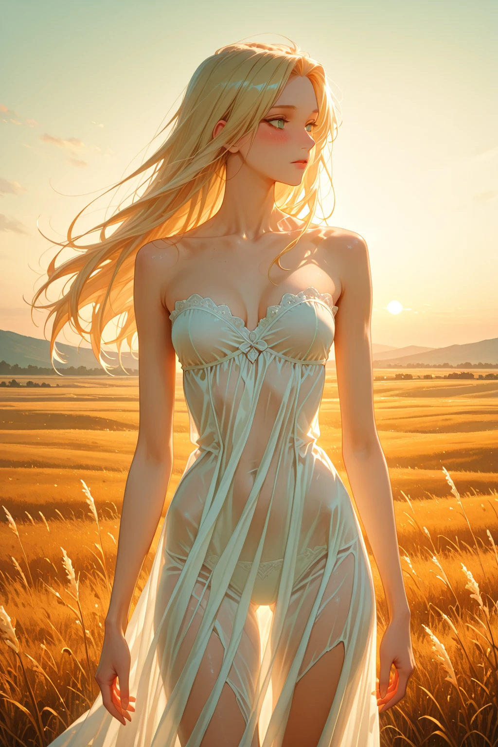 (Best Quality, 8k, 32k, Masterpiece, UHD:1.3), ultra detailed, best quality, photorealistic, face of elsa hosk, (big ?????:1.5), (big ???:1.4), bubble ????, Perfect Body, Ultra Detailed Face, Detailed Lips, tight ???, small feet, light blue eyes, golden blonde wavy hair, red lips, very long shot of blonde scandinavian goddess dancing on a meadow, dancing, dynamic pose, cleavage, aroused, wearing a white sheered dress, barefoot, windblown hair, particle wind, sunny, volumetric lighting, meadow background