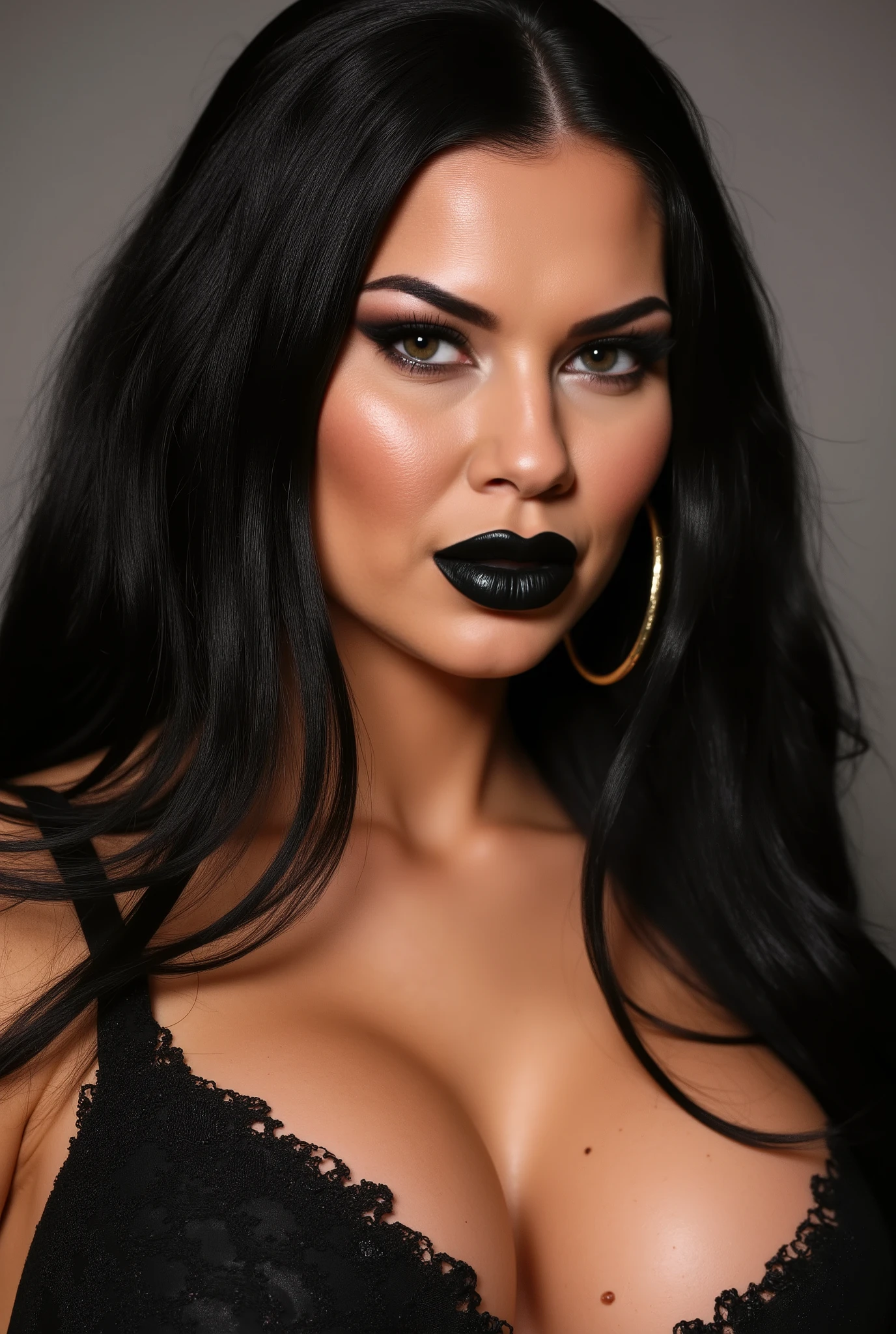 Woman closeup .Upper body only. wearing Big round gold earnings. Simple heavy black lipstick. detailed Sexy black tight latex bra. Big full chest. very very long hair . looking intensely at viewer sharp detailed 8k image. .detailed face woman . realistic.