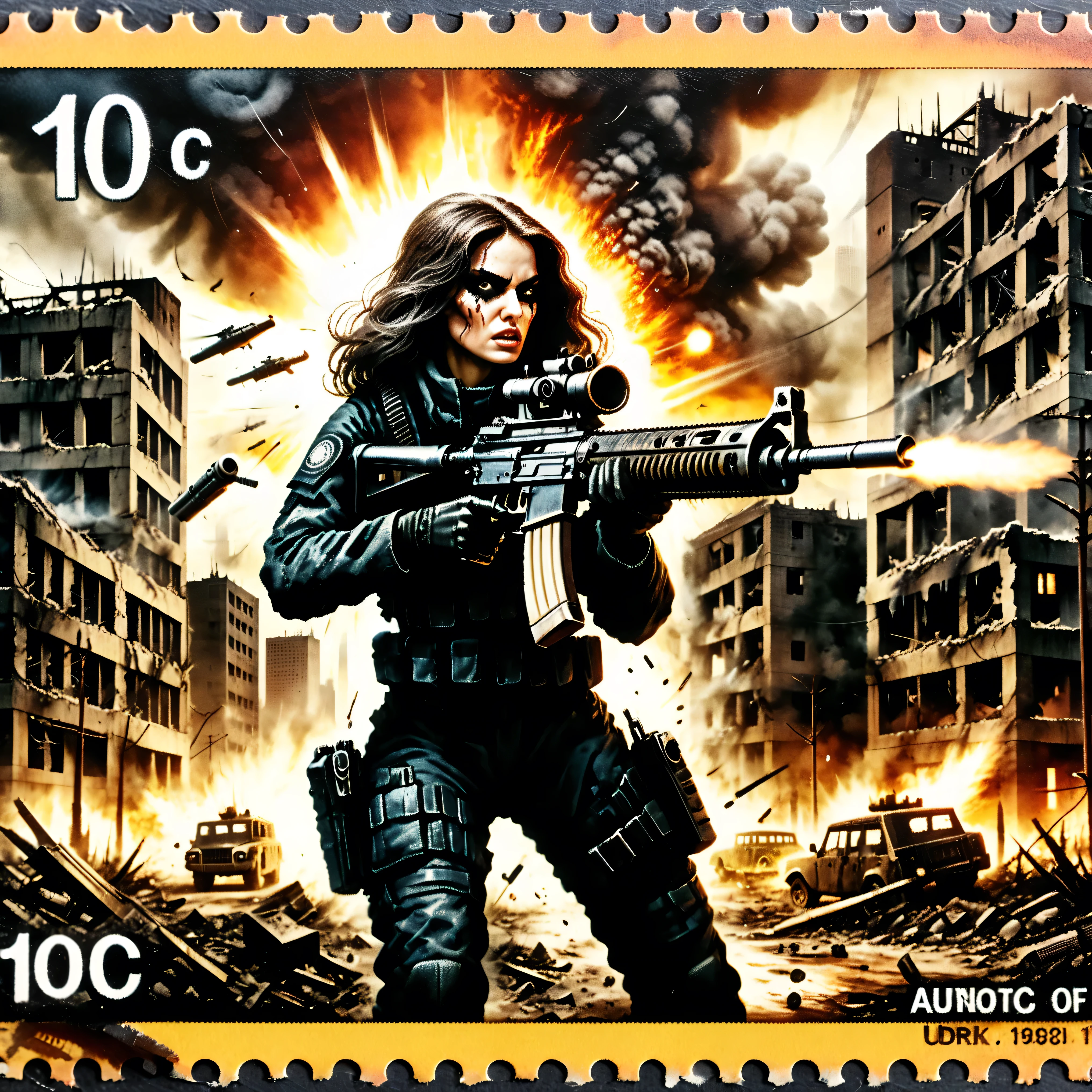 Dark postage stamp style,  postage stamp of an ultra attractive woman with very long wavy dark hair, heavy black eye makeup up and wearing an all black SWAT type outfit is engaged in an urban warfare nightmare. The enormous automatic assault rifle she has an assault rifle and she shoots at the enemy while down on one knee. Authentic-looking muzzle flash is seen from the end of the barrel of the automatic weapon. Shell casings are quickly spit out of the side of the rifle.  The city is in complete ruin. Entire buildings are only half-standing, black and empty skeletal shells of what they were before being bombed, the streets'
 asphalt is broken and street lights and power lines are down everywhere. The sky is dark from smoke and pollution with a brownish-yellow brightness that hangs in the air where the sun pitifully shines through While the ground is soaked from a leak at the local nuclear power plant,  the liquid left over is multicolored, fizzing, and scary-looking. Large plumes of dust kick up around the woman as shots are fired at her and the bullets hit objects around her. A very dramatic action scene in an apocalyptic atrocity of a modern city turned into a battlefield. The background is a dystopian nightmare, and everything is destroyed. Cinematic photography, cinematography, realism, UHDR,  hyperrealistic, physically-based rendering, realistic vision, and the highest quality images. 