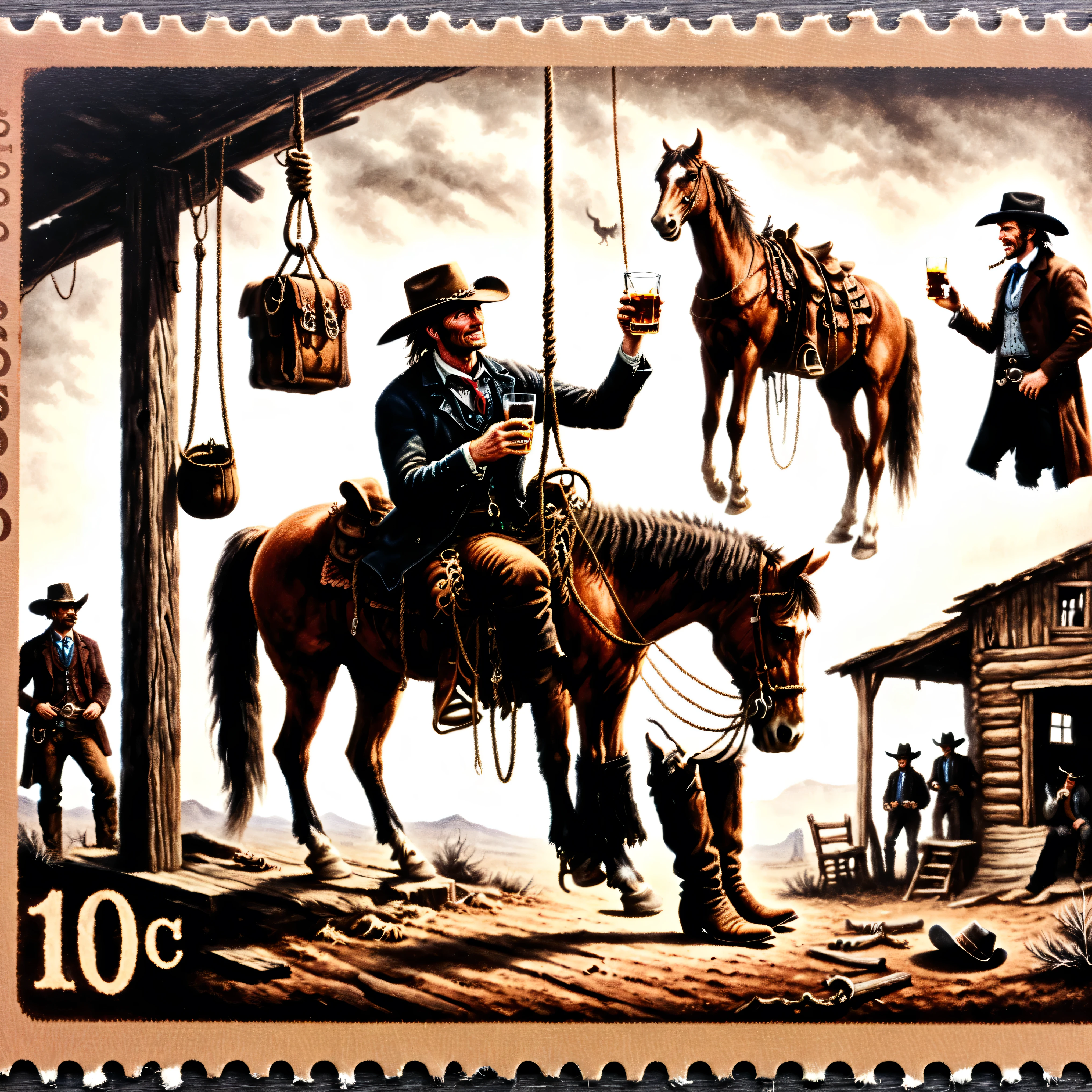 Dark postage stamp style, The Old West, 1780,  Dirty-faced cowboys on horseback drink whiskey and watch a hanging. The hanging man is suspended several feet in the air with a hangman's noose around his neck that is secured to a makeshift hangman's post. The man is dressed in a modern-day suit and tie, with slacks and one shoe on one foot. He hangs there looking just fine, talking away on his smartphone, apparently explaining his unfortunate situation and apologizing for his absence. He smiles and looks at the cowboys who look back at him in astonishment.  Ultra-realistic, photo-realistic, ultra-detailed, physically-based rendering, 8k, UHDR, hyperrealistic, cinematic photography, cinematography, full focus, highest quality, masterpiece 