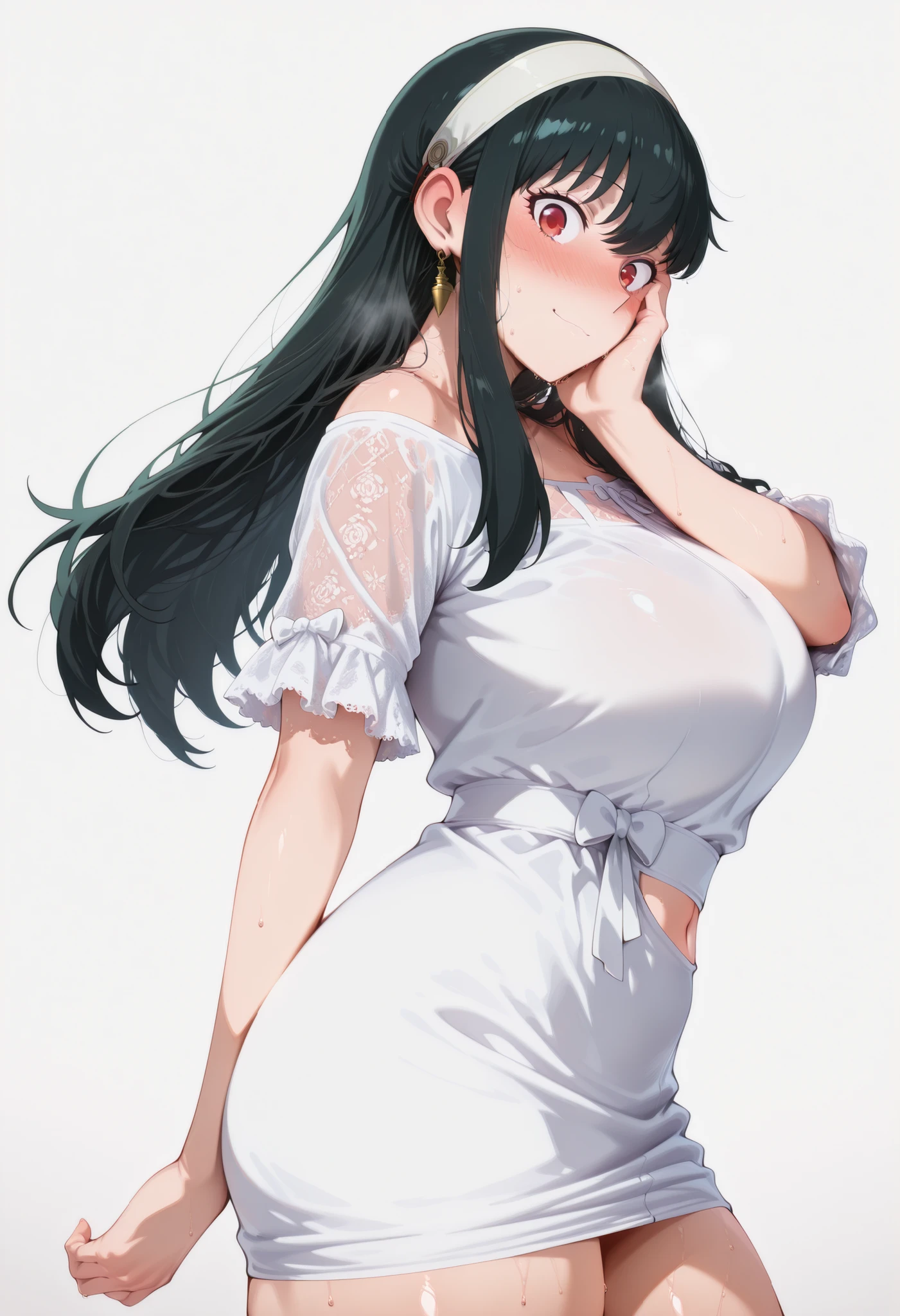 score_9, score_8_up, score_7_up, score_6_up, score_5_up, score_4_up, masterpiece, high quality, yor briar, black hair, red eyes, earrings, white hairband, hairband, long hair, sidelocks, large breasts, shiny skin, shiny hair, shiny body, clear body, large breasts, nose blush, sweat, sweaty, sweaty:1.3,, standing, nice legs,, looking at viewer, thick thigh, thick thighs, nice face, solo, opaque clothes, cowboy shot, nice legs, DYNAMIC POse, , solo, large breasts, thick thigh, dynamic pose, navel ,midriff,,, LOOKING AT VIEWER, WHITE BACKGROUND, EMPTY BACKGROUND, soft smile,, DYNAMIC POSE,  large breasts , looking at viewer, one hand behind on her, one hand on face, view from side, side pose, side looking, side view,short dress, lace sleeves